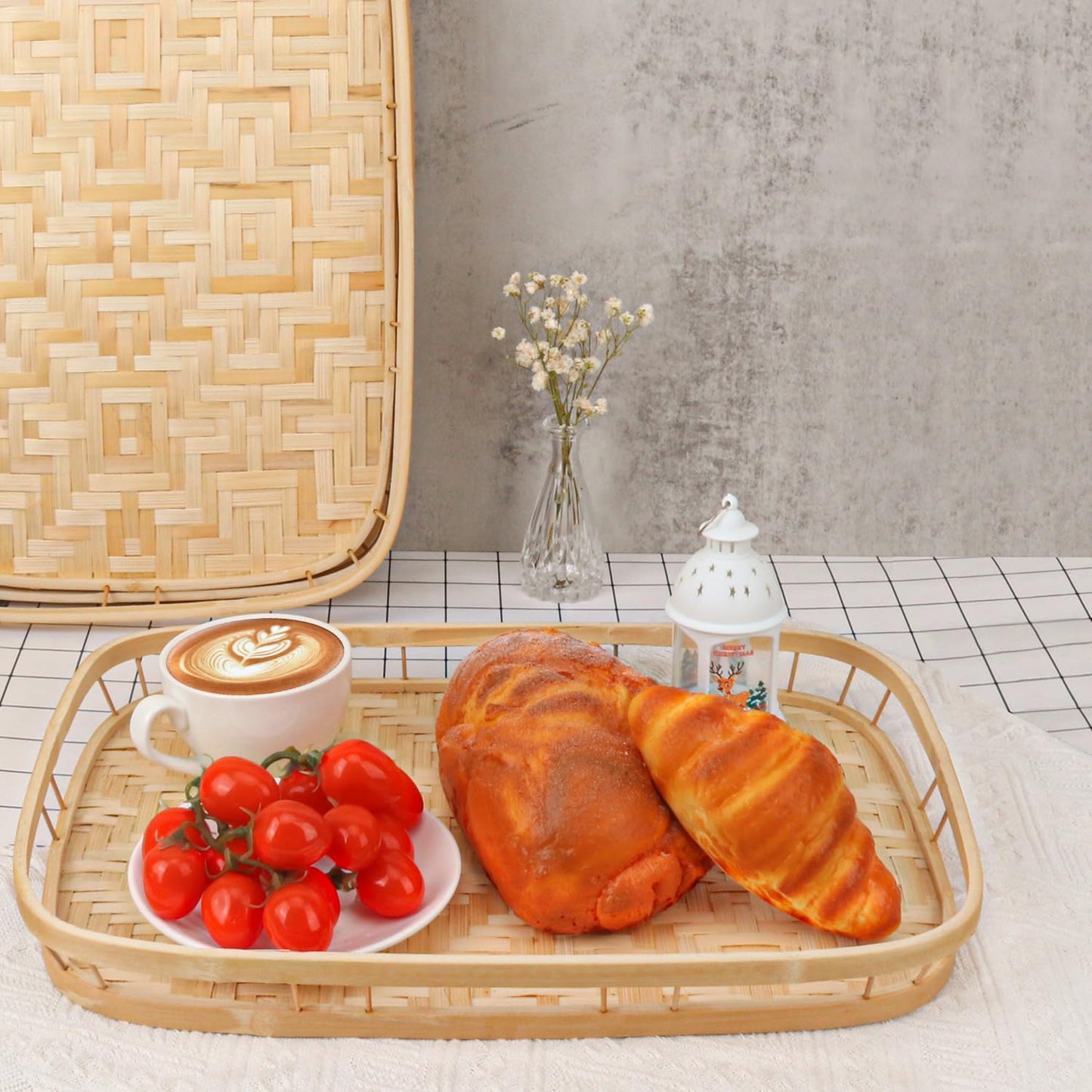 Geytetqi 4 Pack Rectangular Bamboo Wicker Woven Tray with Handle, Bamboo Wicker Serving Trays for Eating, Kitchen, Table, Party