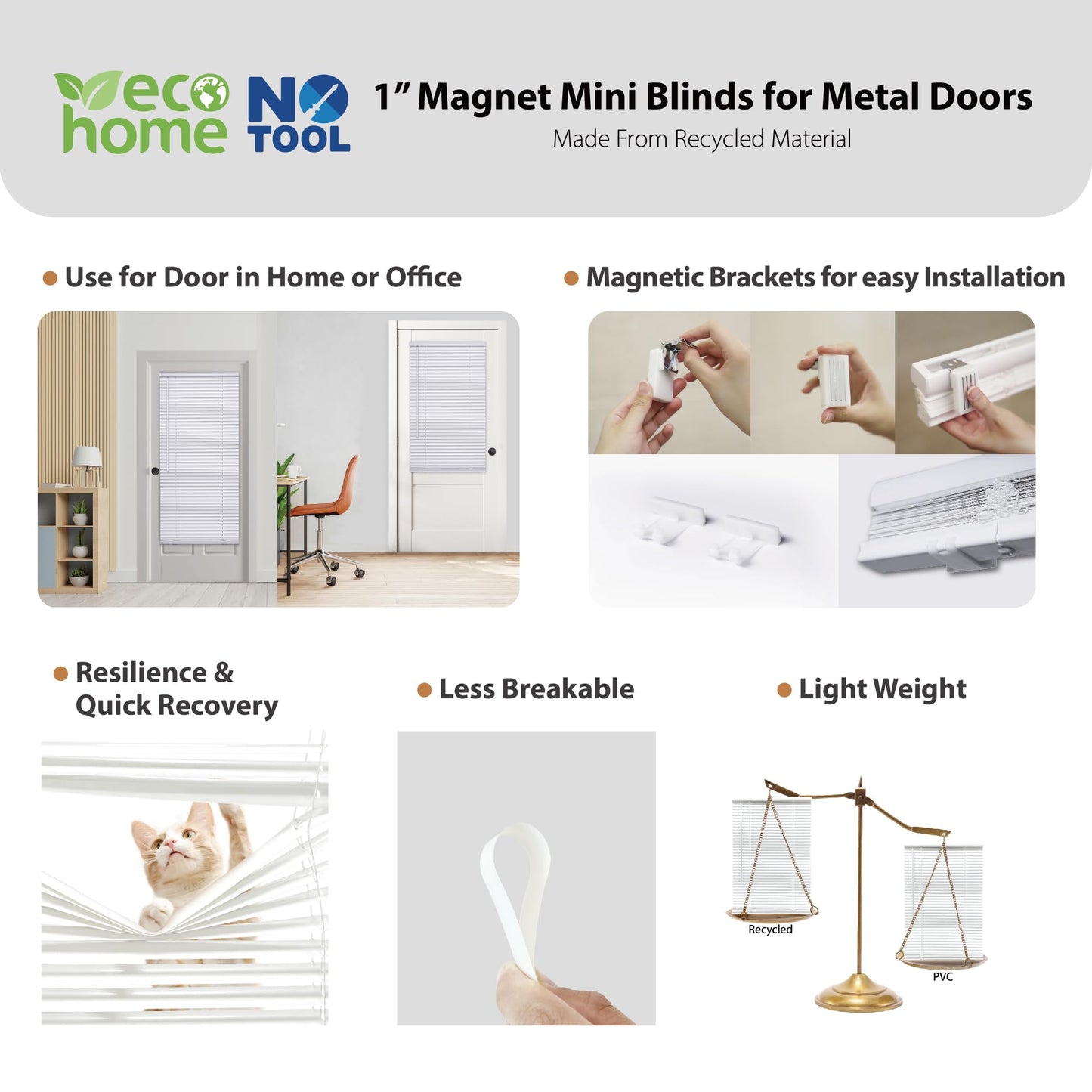 DEZ FURNISHINGS Cordless No Tools 1" Magnet Mini Blinds for Metal Doors, Room Darkening, 25" W x 42" H, White