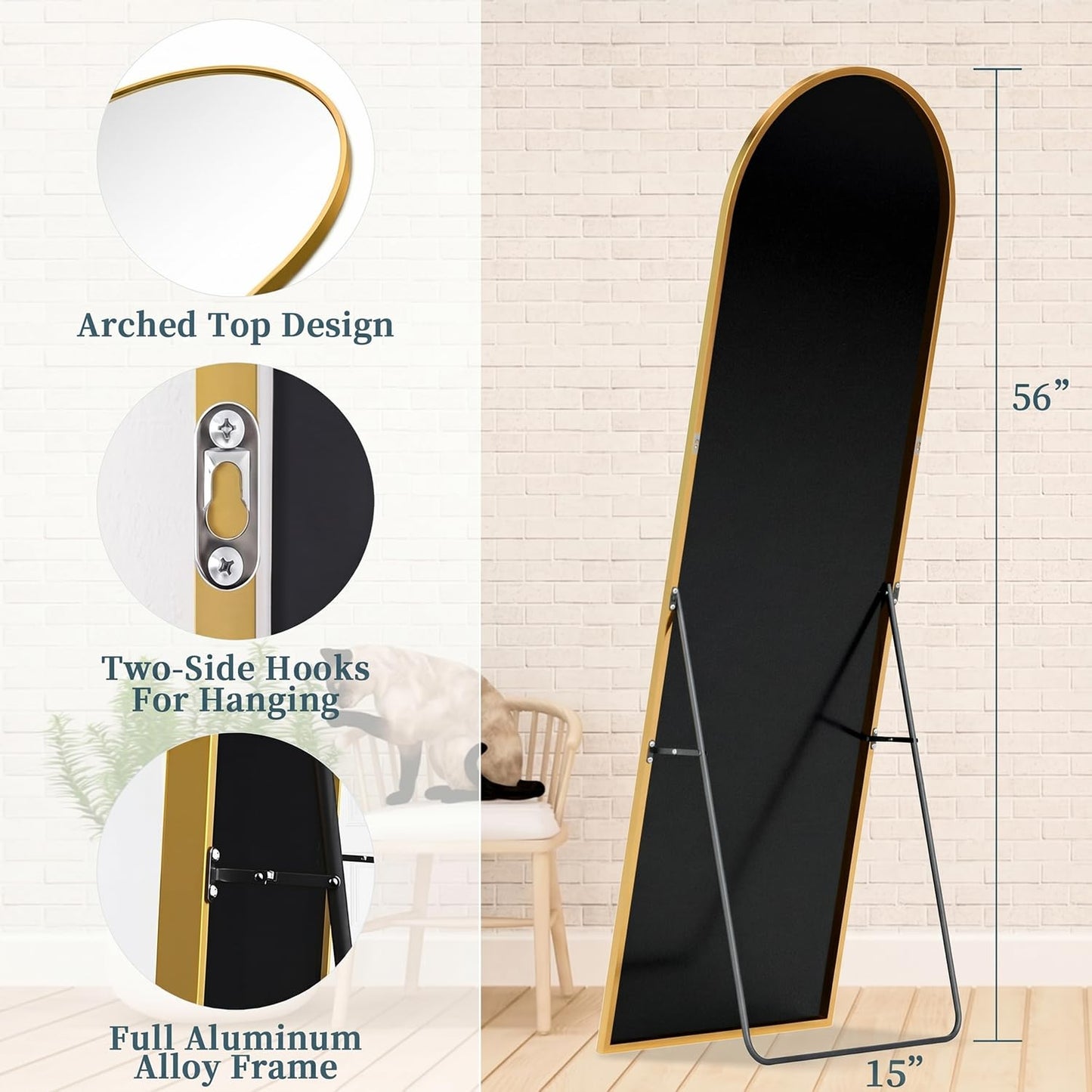 Coomily Full Length Mirror with Stand, 56"x15" Arched Full Body Mirror, Large Stand Up Aluminum Frame Floor Freestanding Hanging Leaning Mounted for Bedroom Living Room Entryway Gold