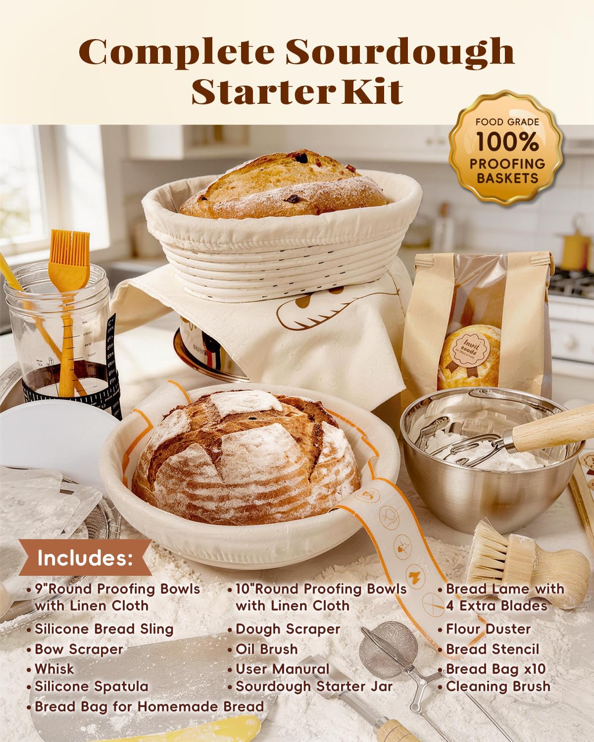 TAOMAND Complete Sourdough Starter Kit for Beginners & Manual | Sourdough Bread Baking Supplies with Round & Oval Banneton Bread Proofing Basket, Bread Sling, Starter Jar, Dough Whisk, Scrapers & Bag