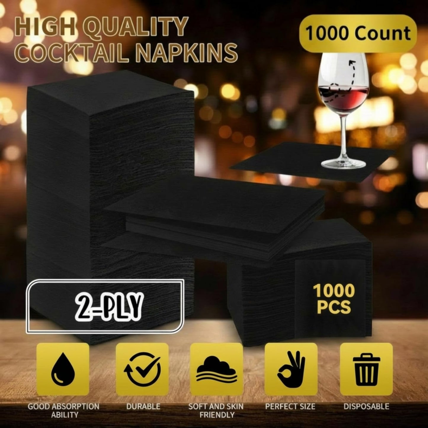 Henoyso Black 1000 Pack 2 Ply Cocktail Napkins Bulk Disposable Dinner Beverage Paper Napkins for Wedding Bar Party Birthday Cocktail Holiday Elegant Restaurant Event (Premium)