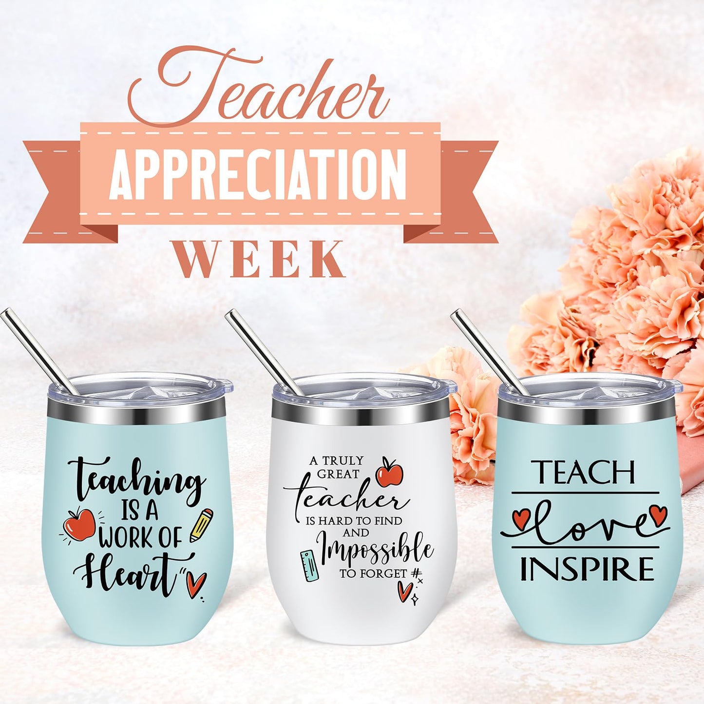 meekoo 10 Pcs Teacher Appreciation Gifts Bulk, End of Year Teachers Gift 12oz Stainless Steel Coffee Mugs with Lid Straw Brushes Thank You Tumblers Cup for Women Men from Students Graduation (Classic)