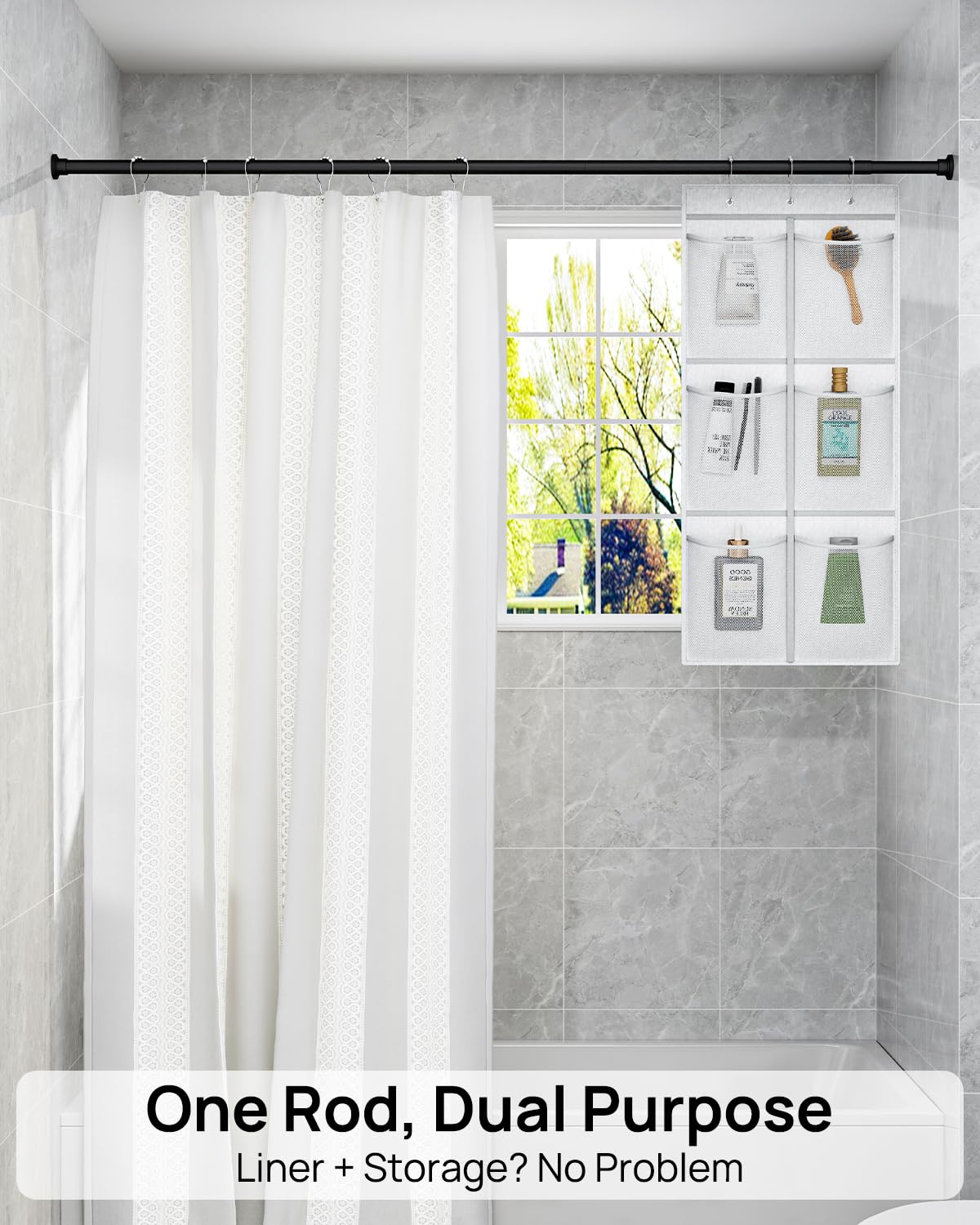 ALLZONE Heavy Duty Tension Shower Curtain Rod 42-83 Inches for Bathroom, Window, Non-Slip, Adjustable with Strong Spring Pole for Closet, Doorway, No Rust, No Drilling, Black