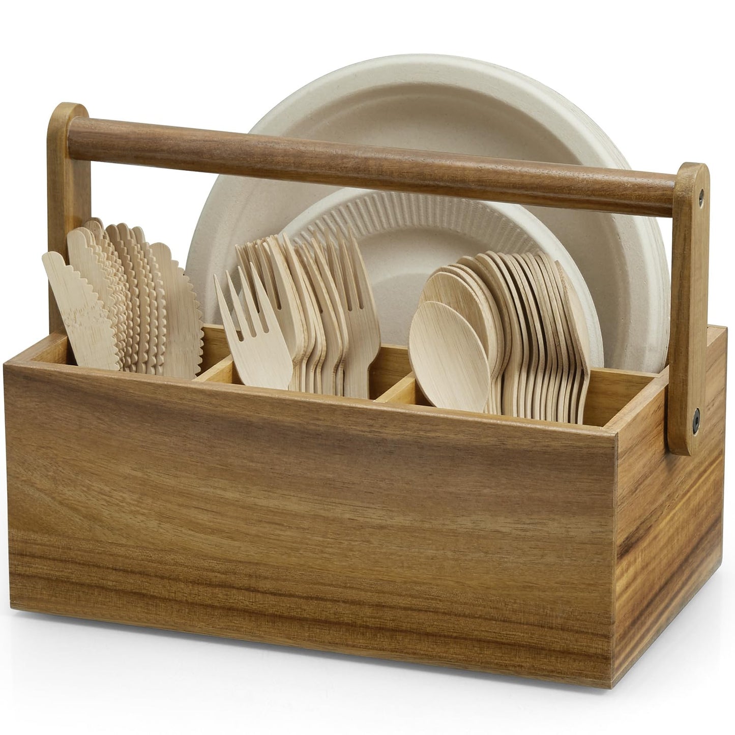 BWODYAY Acacia Paper Plate Dispenser, Paper Plate Holders with Handle, Picnic Silverware Caddy for Party, Cutlery Holder for Countertop, Wood Utensil Organizer for Home Kitchen & RV