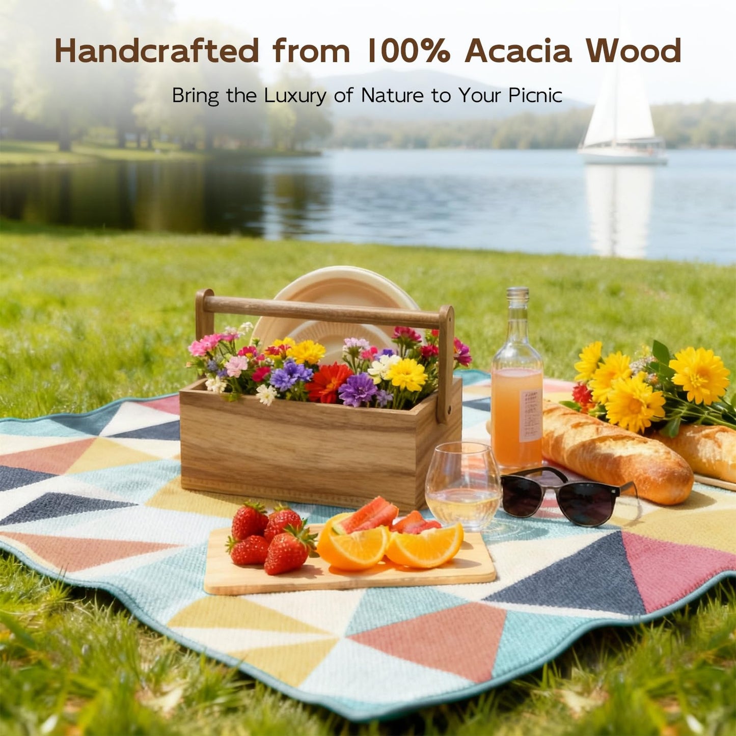 BWODYAY Acacia Paper Plate Dispenser, Paper Plate Holders with Handle, Picnic Silverware Caddy for Party, Cutlery Holder for Countertop, Wood Utensil Organizer for Home Kitchen & RV