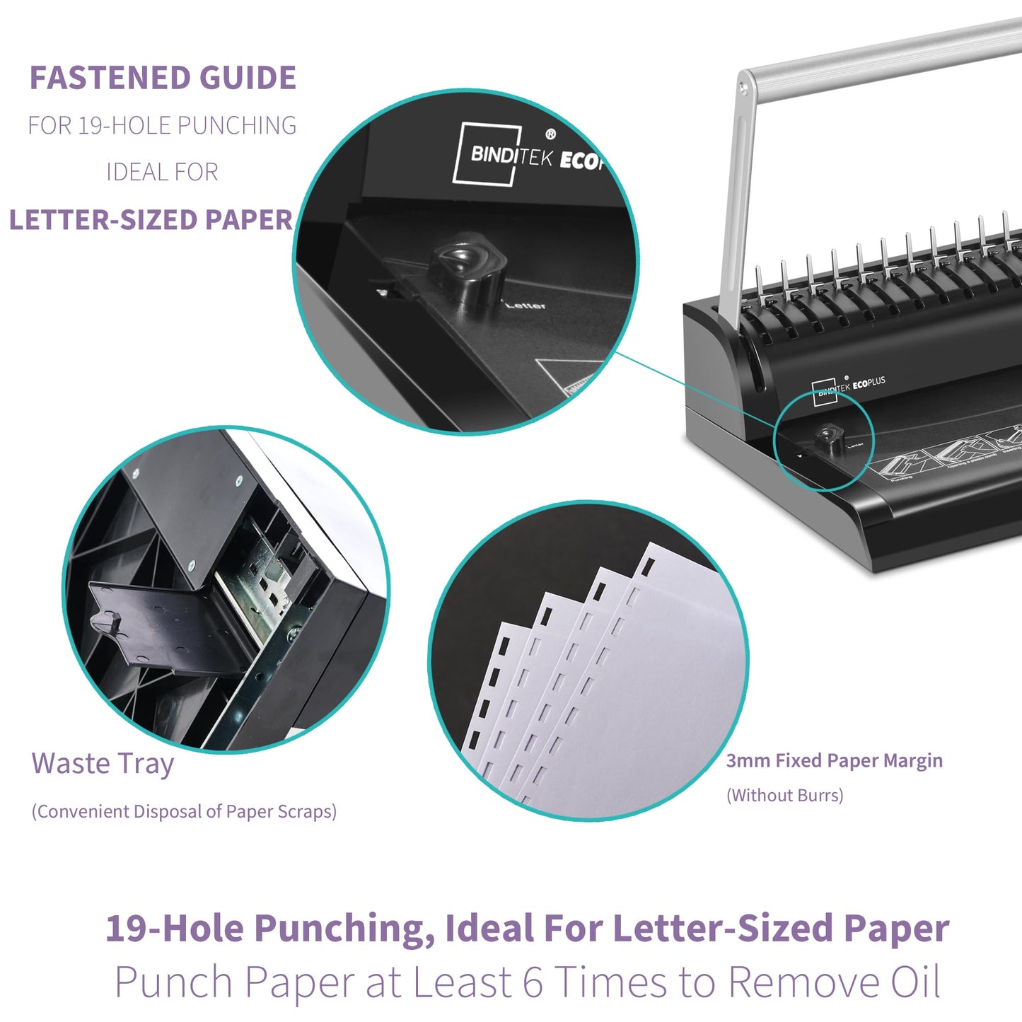 Binditek Binding Machine, 19-Hole, 145 Sheets, Comb Binder Machines with 30 PCS 1/2" Binding Combs, for Letter Size, Fixed Margin