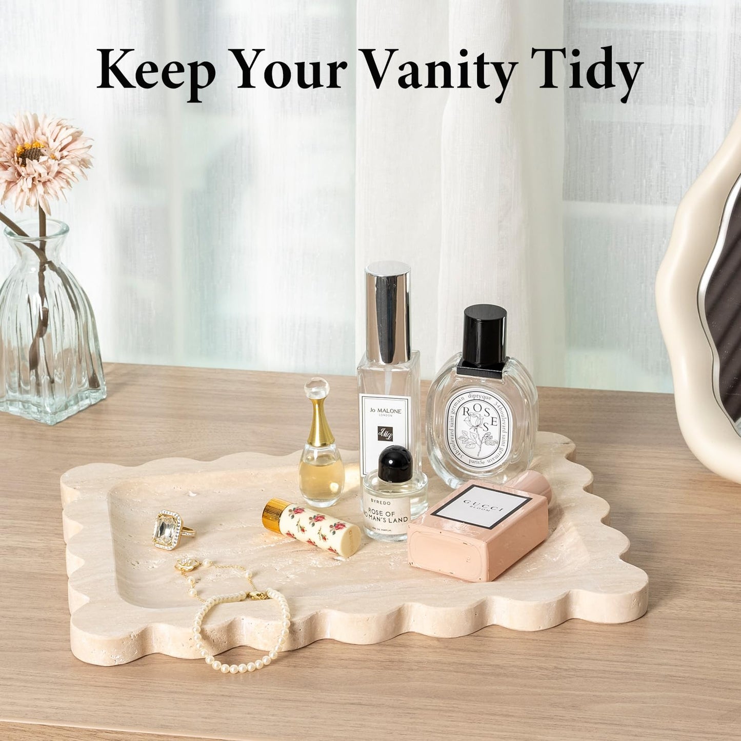 Koville Scalloped Marble Tray, 11"x8" Natural Marble Vanity Tray for Countertop Bathroom Kitchen Dresser, Natural Stone Tray for Jewelry Perfume Home Decor, Decorative Catchall Trays