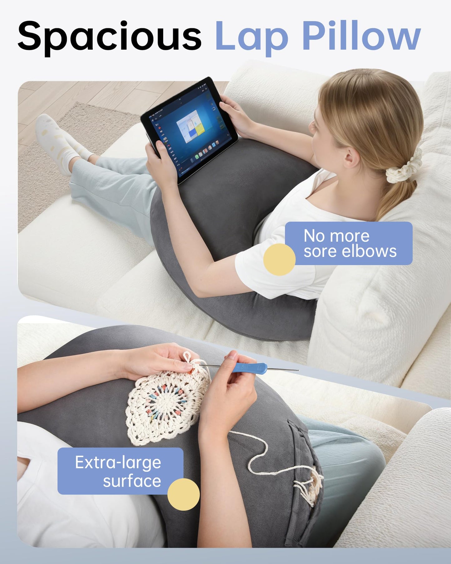 ENITYA Extra Large Ergonomic Gaming & Reading Pillow with Arm & Elbow Support,U-Shaped Lap Pillow for Crocheting,Knitting,Nursing,Working,or Sitting in Bed or Sofa,Washable Suede Cover (Grey)