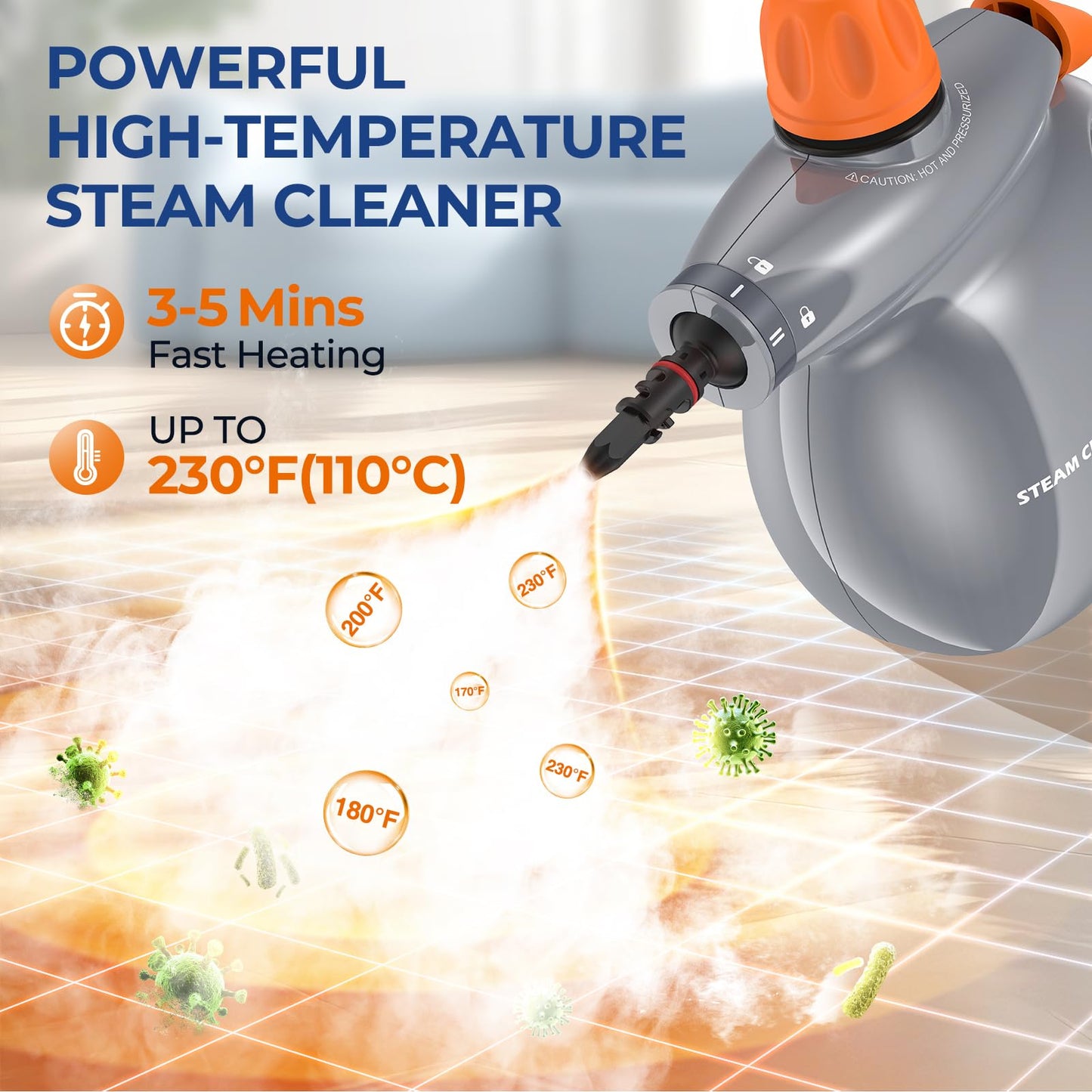 Steam Cleaner, Pressurized Handheld 13pcs Multi-Purpose Natural Deep Cleaning Steamer, Portable Steamer for Cleaning Home, Grout, Kitchen, Car, Window, Upholstery, Bathroom and Clothes, Gray