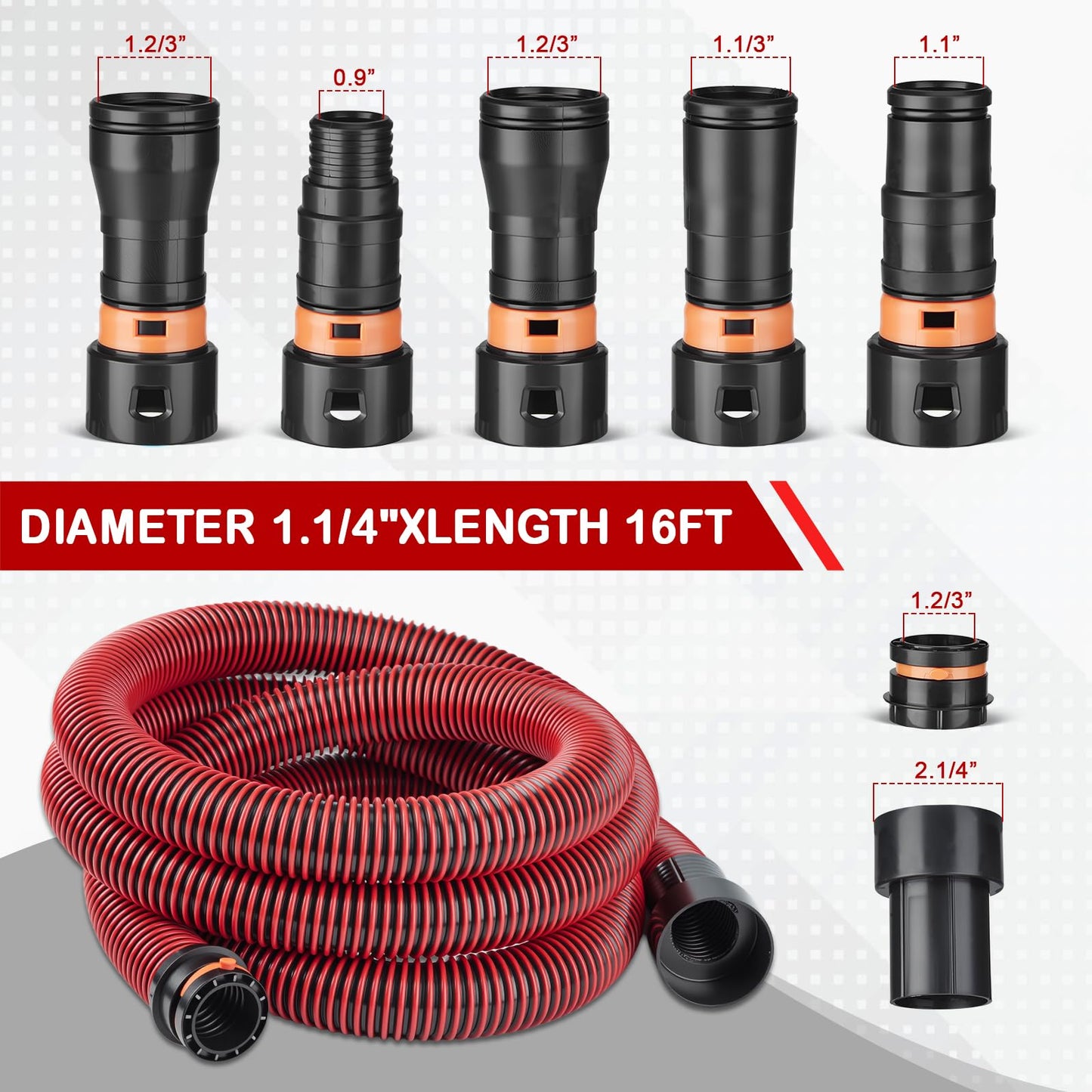 16FT Shop Vac Hose with 6 Adapter Attachments,Fits 1-1/4" Vacuum Cleaner Hose,Multi-Size Fittings0.9" to 1-3/4",Universal Shop Vac Accessories (Please Confirm Hose Size Compatibility)