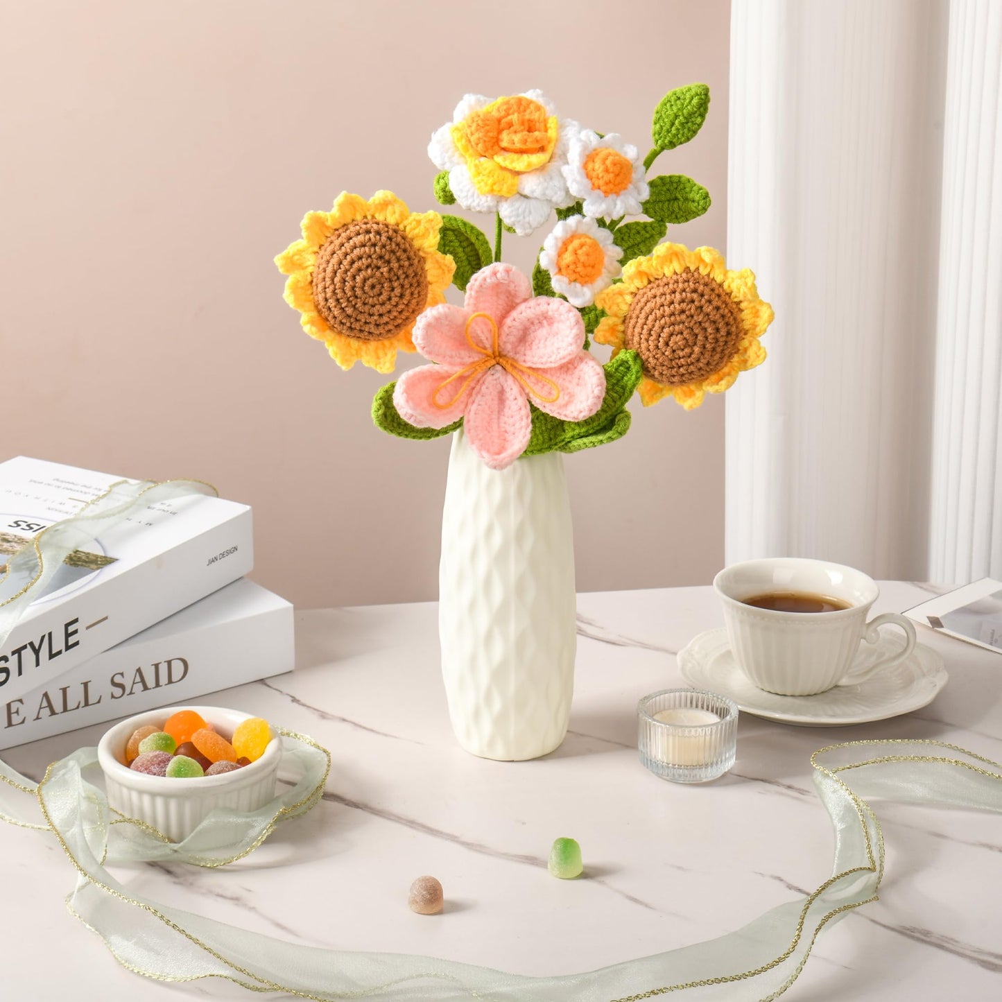 Gouraml Crochet Flower Bouquet, Crochet Flowers Handmade Yellow Roses Sunflowers Bouquet, Romantic Gift for Her, Mother's Day, Wedding, Birthday, Graduation Gifts for Women Lover Friends (Sunflower)