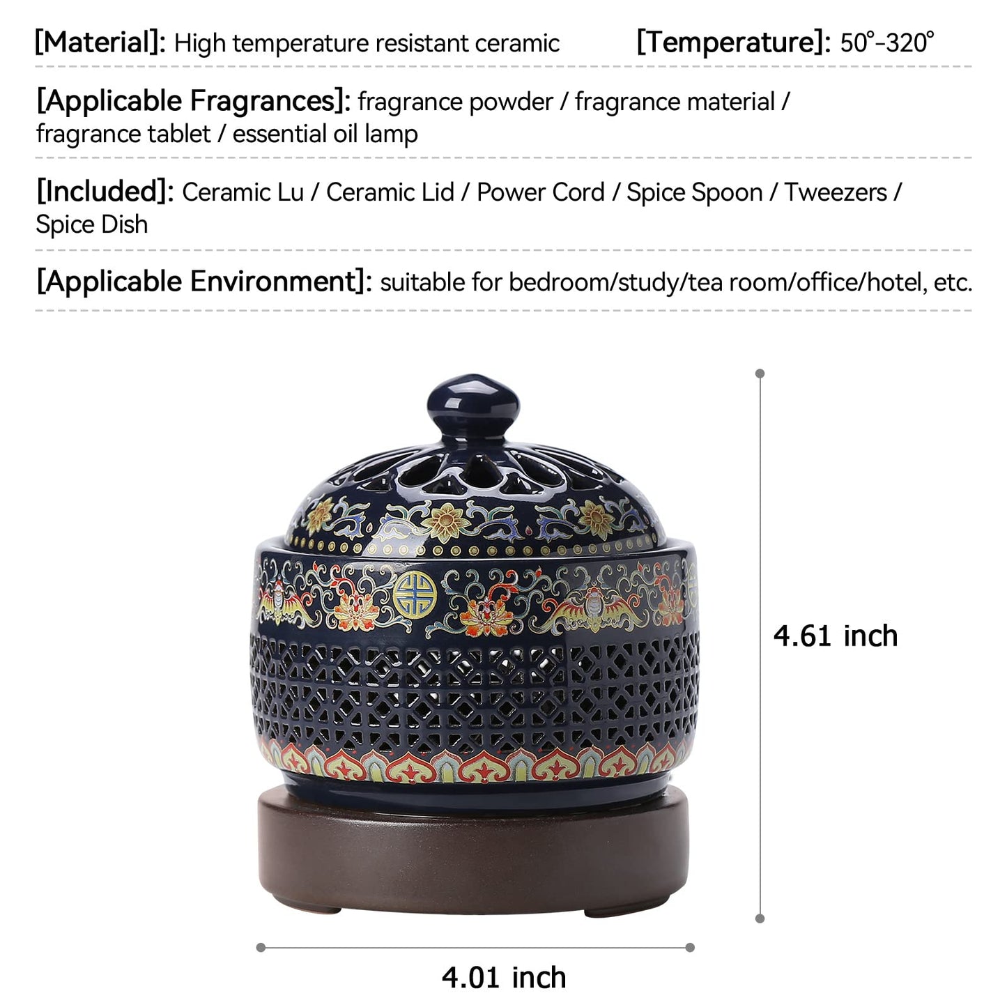 Ceramic Holder Electric Incense Burner Enamel Built-in LED Lights Simulate Flames, Classical, Elegant and High-end Hollow Design
