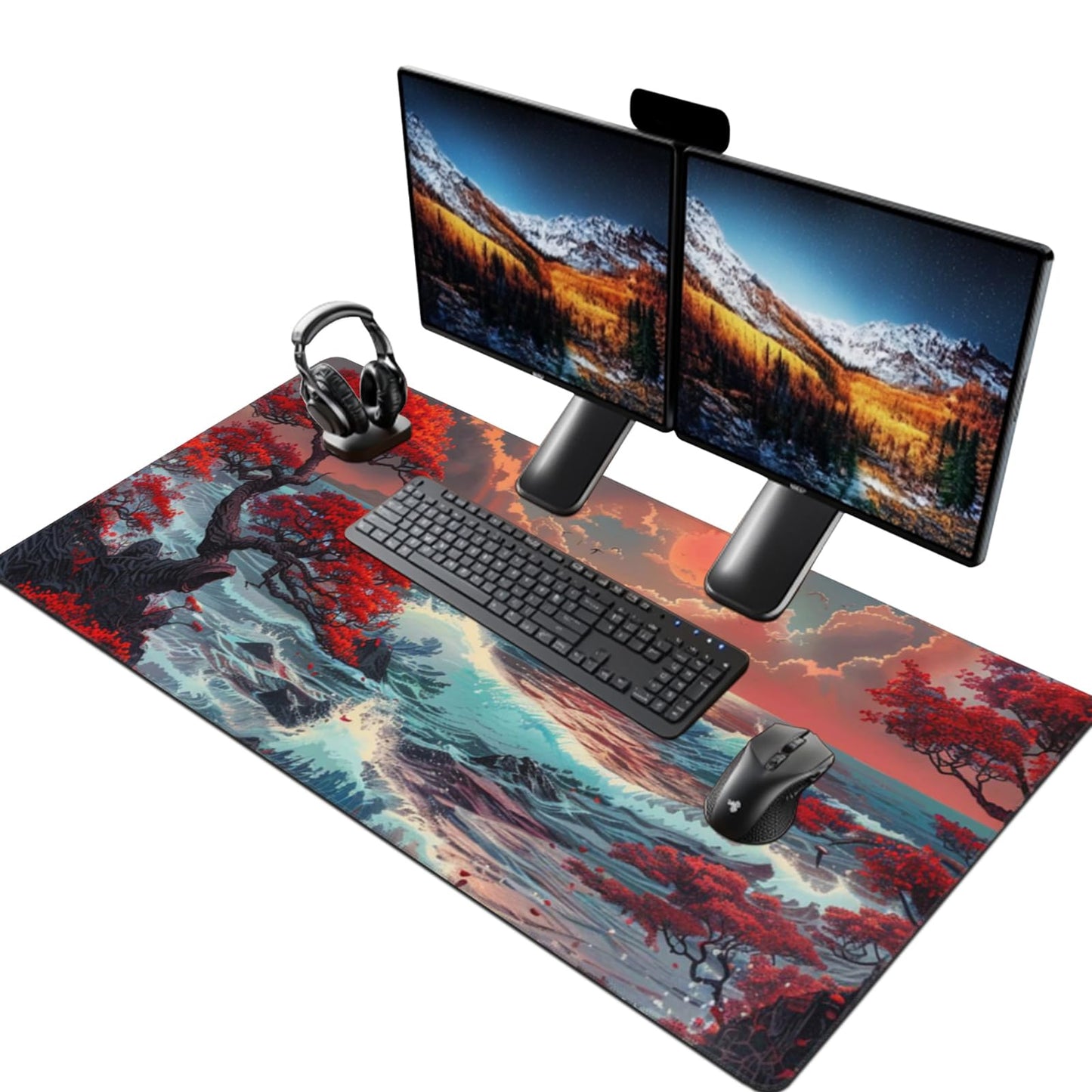 ZOCOZY XXXL Japanese Sea Wave Desk Mat 48"x24" - Full Desktop Protector & Non-Slip Gaming Mouse Pad with 3mm Thick Base & Stitched Edge for Dual Monitors, Office & Home