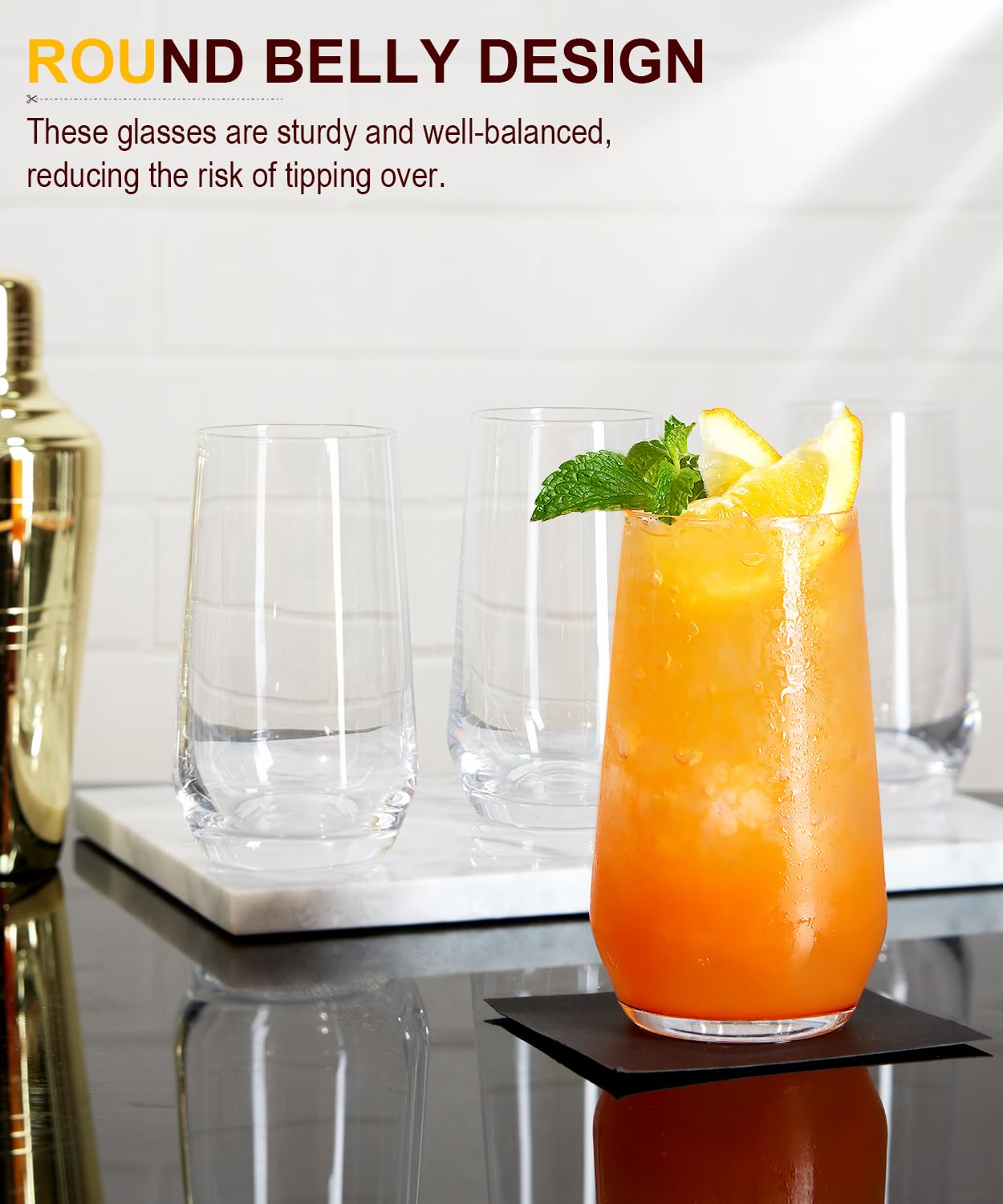 Drinking Glasses Set, Tall Water Highball Glasses, Unique Design Lead-Free Crystal Glassware, Glass Cups for Mojito and Mixed Drink Cocktail Glass Set of 8 16.2oz