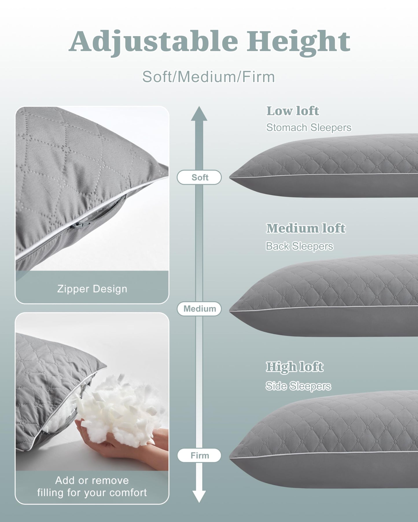 YZ HOME Long Body Pillow for Adults, Firm Body Pillow Shredded Memory Foam, Adjustable Height,Support for Side Sleeping & Pregnant Women(Grey, 20x54 Inch)
