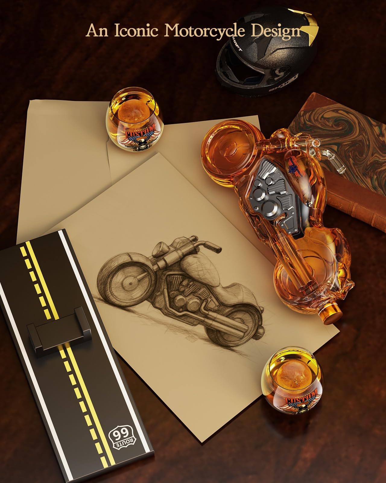 Kollea Birthday Gifts for Men Dad, Motorcycle Whiskey Decanter Set with 2 Glasses, Liquor Dispenser for Home Bar, Unique Gift for Him, Father, Boyfriend, Anniversary, Biker & Motor Lover (Flag)