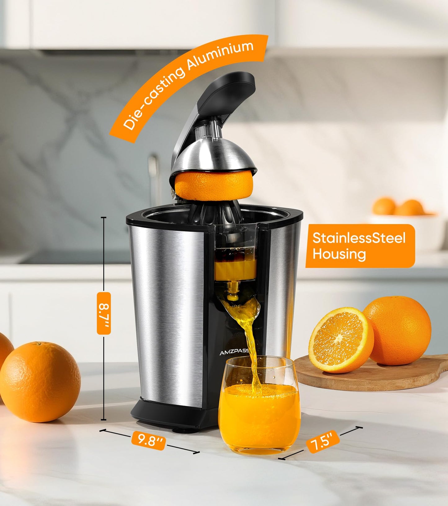 Amzpass Electric Orange Juicer, Citrus Juicer Squeezer with 2 Cones and Soft Grip Handle for Effortless Juicing, Stainless Steel Quiet Orange Juice Extractor Machines for Lime Grapefruit Lemon