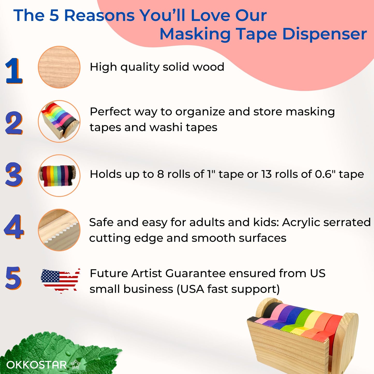 Wooden Kids Craft Tape Dispenser, Multi Roll Masking Tape Holder, Washi Tape Dispenser (Acrylic Serrated Cutter) - Perfect Craft Organizer for Children - [Masking Tape NOT Included]