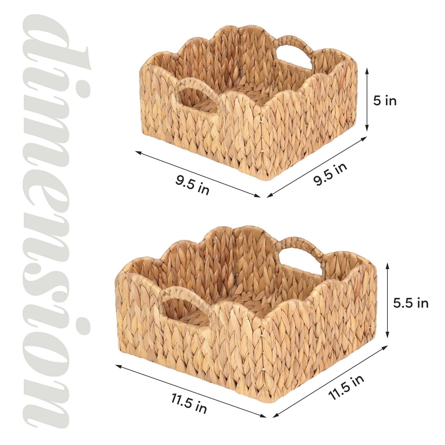 Scalloped Baskets (Natural-Set of 2) Basket Living Room Organizer, Water Hyacinth Baskets For Decor, Woven Basket for Bathroom, Bedroom, Laundr (2, Light Brown)