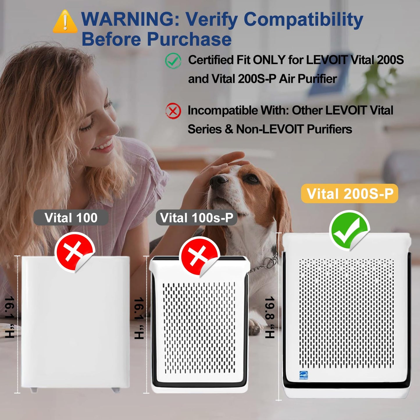 GRN FIL Vital 200S Replacement Filter Compatible with LEVOIT Vital 200S & 200S-P Air Purifier, H13 True HEPA Pet Care 3-in-1 High-Efficiency Activated Carbon Filter, Vital 200S-RF, 2 Pack, Yellow