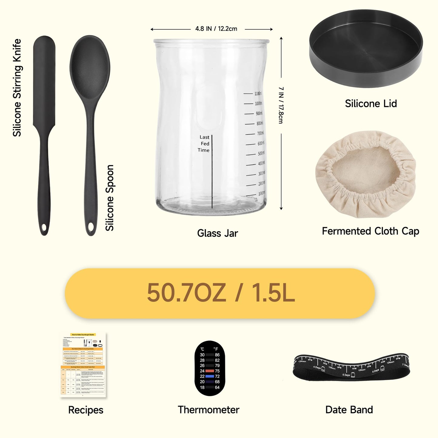 Coco Bird Pro Sourdough Starter Kit- 50oz Large Capacity Sourdough Starter Jar, 17 Flavorful Fermentation Recipes, Sourdough Bread Baking Supplies for Making Delicious Sourdough Breads(1PCS)