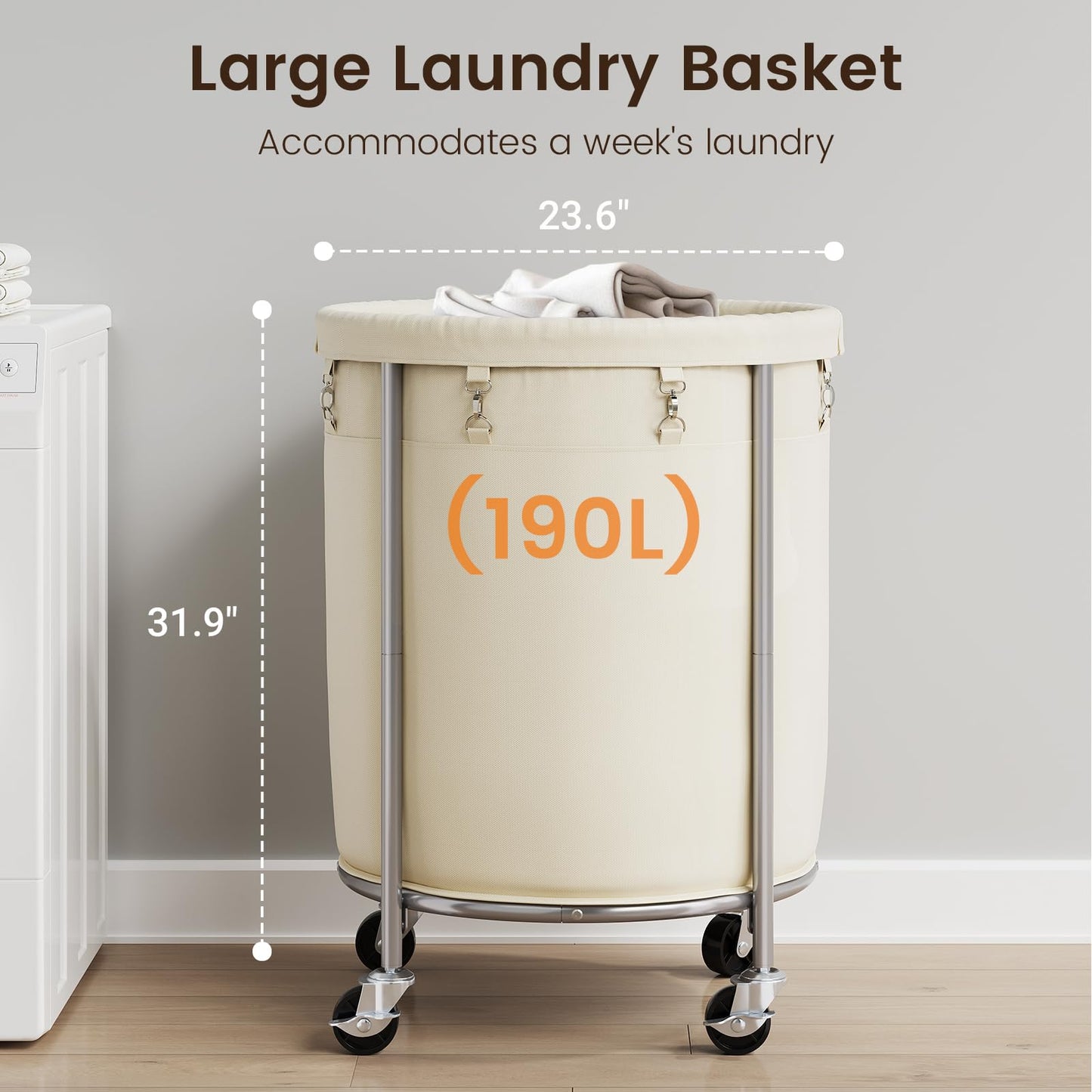 ELYKEN 190L Laundry Basket with Wheels, Large Rolling Laundry Hamper with Removable Liner Bag, Round Rolling Laundry Cart, Dirty Clothes Hamper for Hotel, Home, Closet, Dorm, Cream