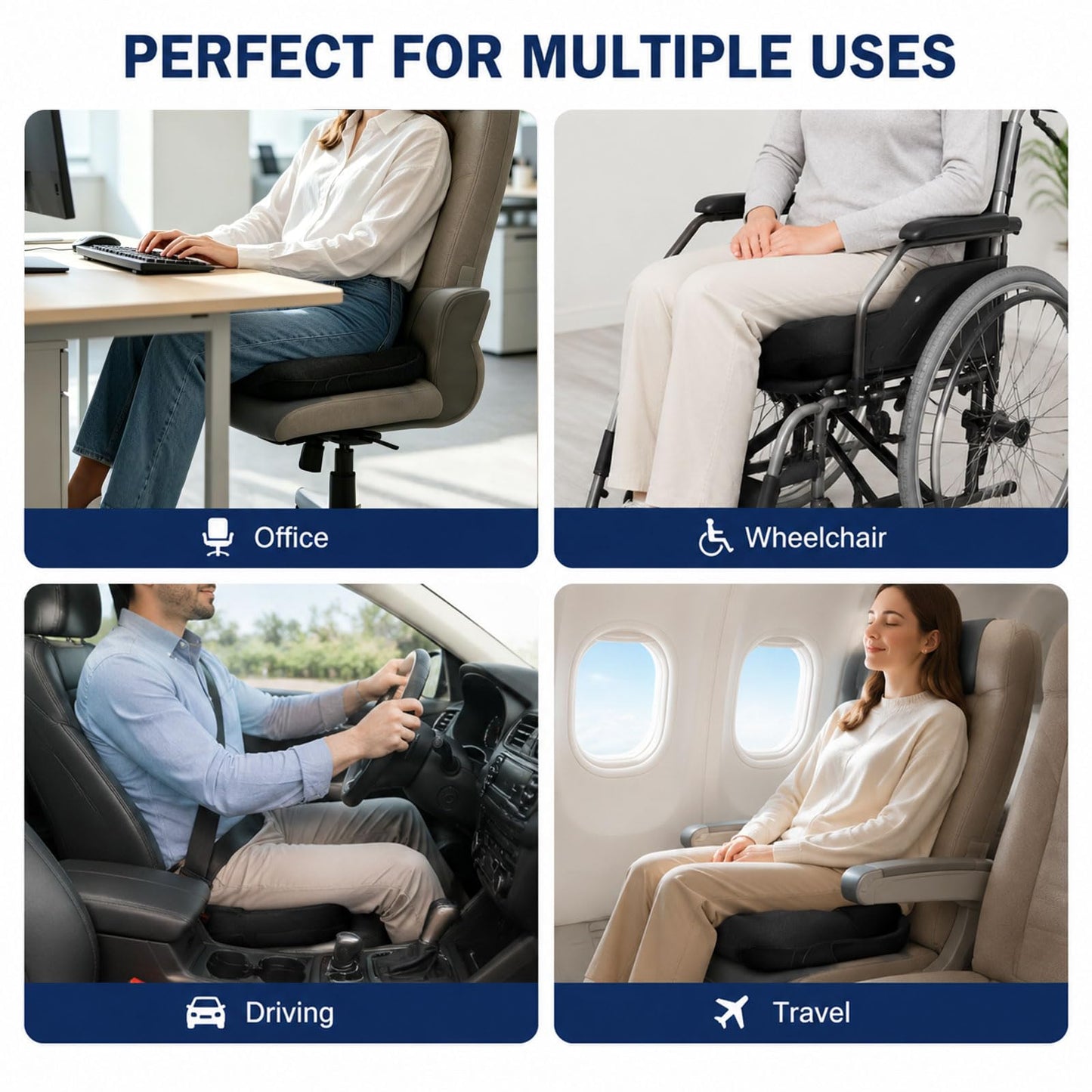 Seat Cushion for Long Sitting, Cooling Gel Memory Foam Seat Cushion - Back, Sciatica, Coccyx, Tailbone Pain Relief - for Office Chairs, Car Seat, Wheelchair Sitting Cushion (Black)