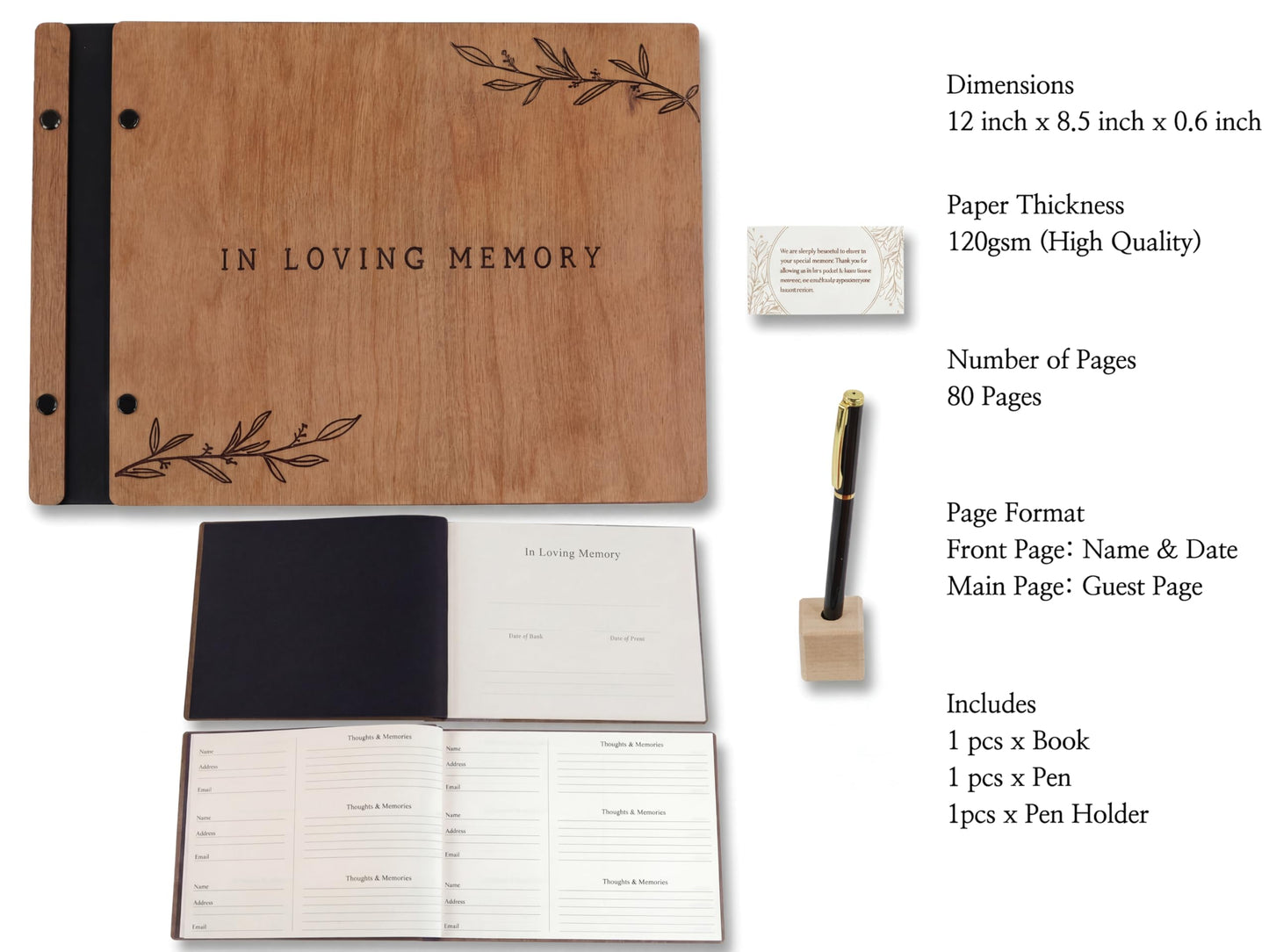 Aspen Studio Funeral Guest Book with Signing Pen in Loving Memory Wooden Funeral Guest Book for Memorial Funeral Service with Signing Pen for Funeral Reception