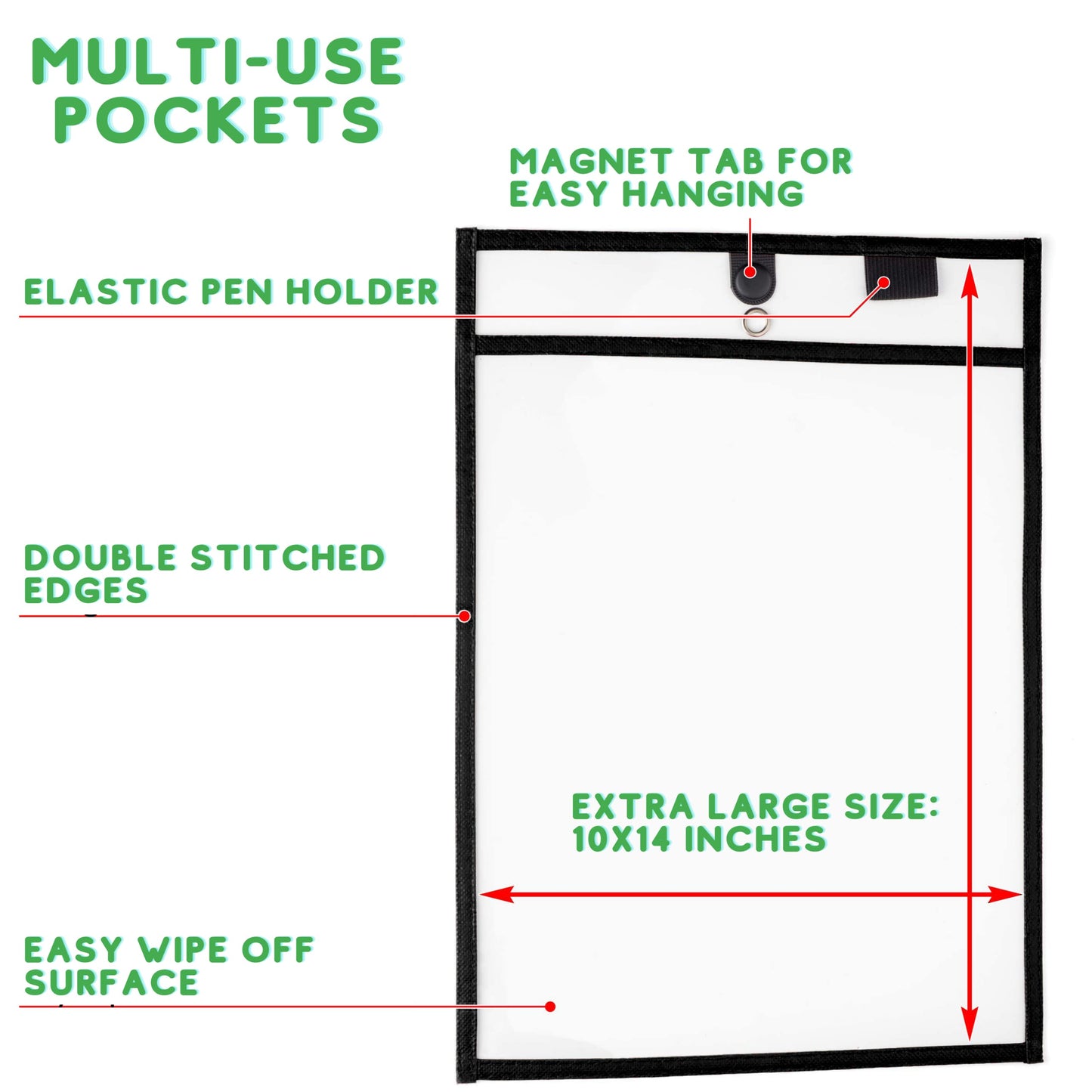 Magnetic Dry Erase Pockets by Two Point (30-Pack) - Portrait - Black Dry Erase Pocket Sleeves, Job Shop Ticket Holders, Clear Paper Sleeves Protector, Magnetic Pouch