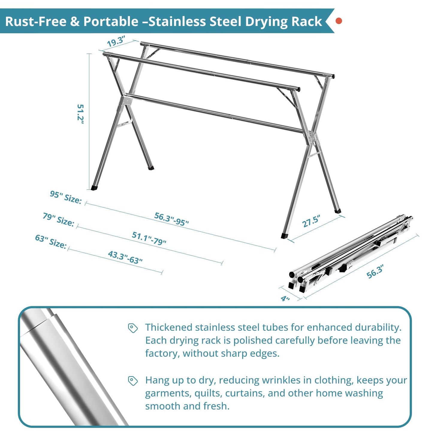 JAUREE 95 Inches Clothes Drying Rack, Drying Rack Clothing Folding Indoor Outdoor, Heavy Duty Stainless Steel Laundry Rack, Foldable Portable Large Clothes Rack Garment Rack with 20 Windproof Hooks