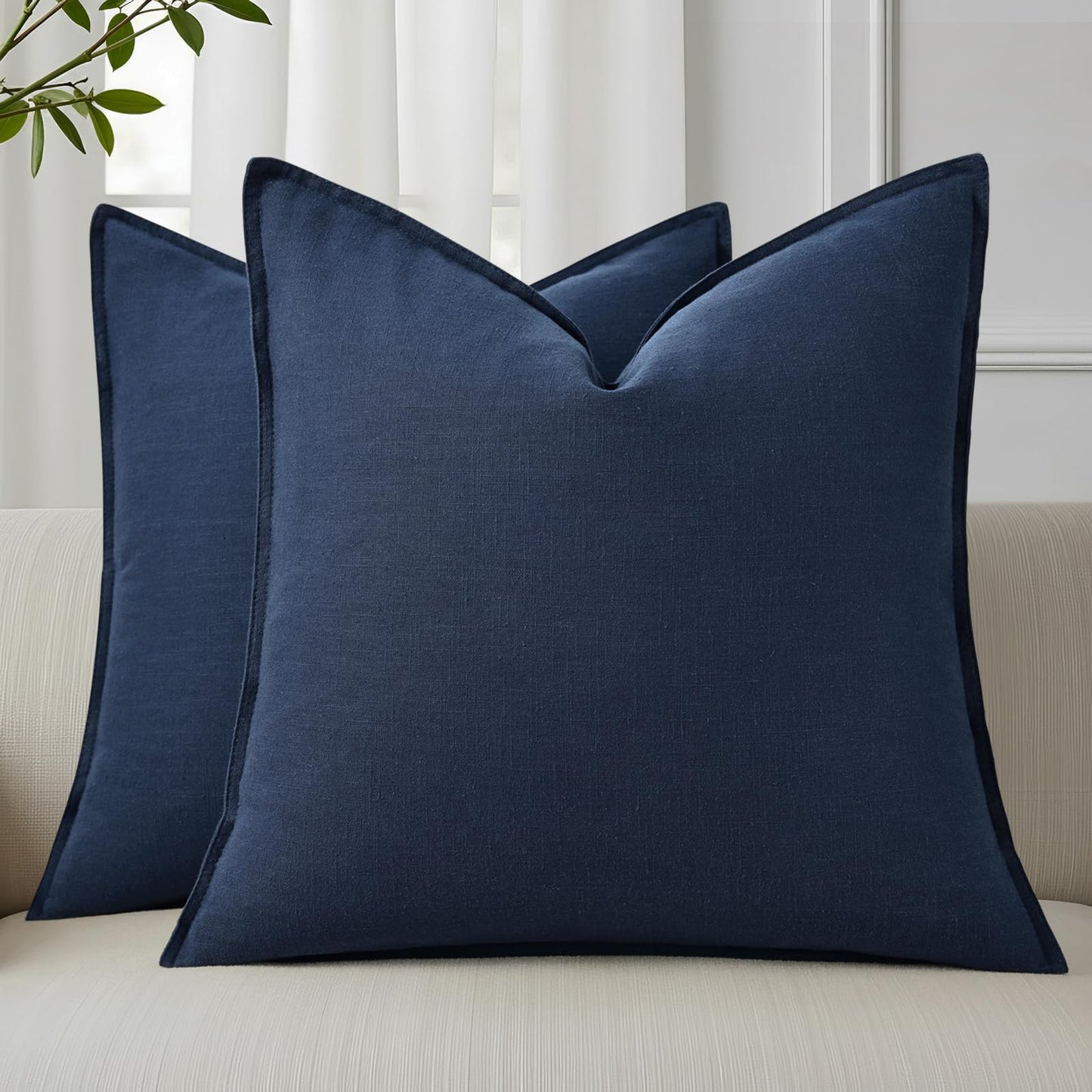 decorUhome Summer Decorative Linen Throw Pillow Covers 18x18 Inch Set of 2 Navy Blue Pillow Covers with Flange Edges Soft Farmhouse Boho Accent Pillow Cases for Couch Bed Living Room
