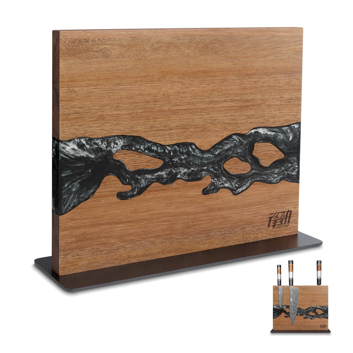FINDKING Magnetic Knife Block, Double-Sided Knife Holder with Strong Magnets, Acacia Wood and Black White Resin, Countertop Kitchen Knife Storage Stand (12 × 10 Inches, Without Knives)