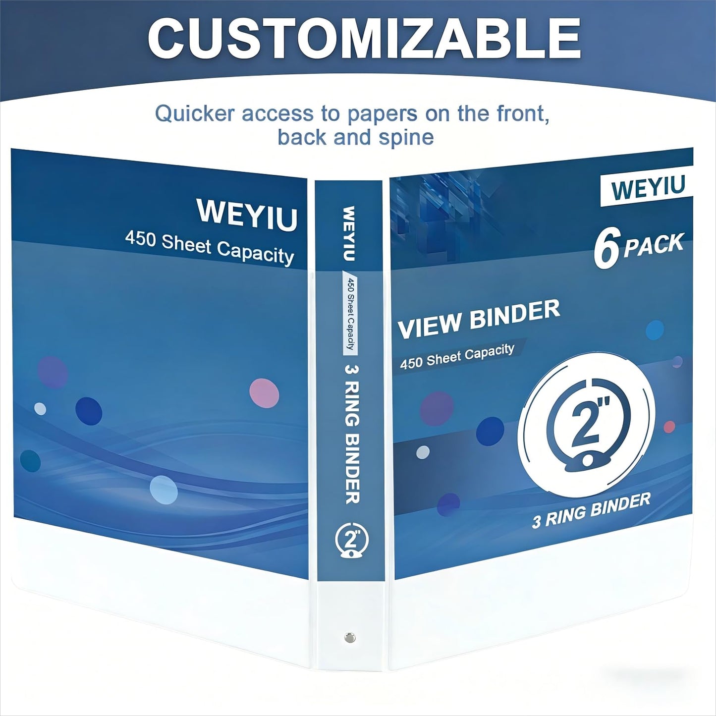 WEYIU 2-inch 3 Ring Binder with 2 Interior Pockets, Heavy Duty 2" Round Ring Binder Holds 450 Sheets of US Letter Size 8.5'' x 11'' Paper for Office/Home/School (White,6-Pack)