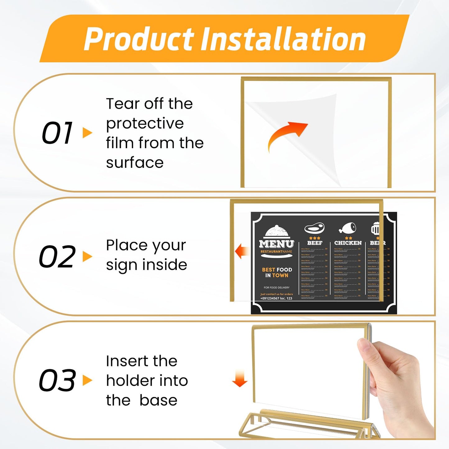 Smarpau 5x7 Acrylic Sign Holder with Gold Frames，16 Pack Wedding Table Number Holders，Double Sided Table Menu Acrylic Sign，Horizontal Picture Frame，Restaurant Sign，Photos Display，Paper Display Stand