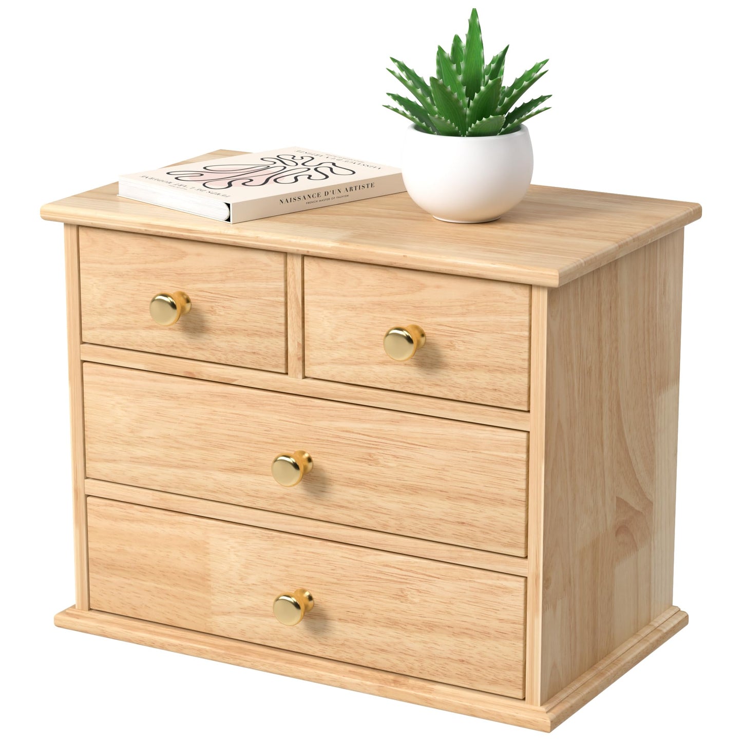 Oak Desk Organizer with Drawers, Durable Wooden Desktop Storage Box with Metal Handles & Non-Slip Silicone Pads, 4 Drawer Tabletop Organizer for Office, Bedroom, Bathroom, Vanity, Makeup – Natural Oak
