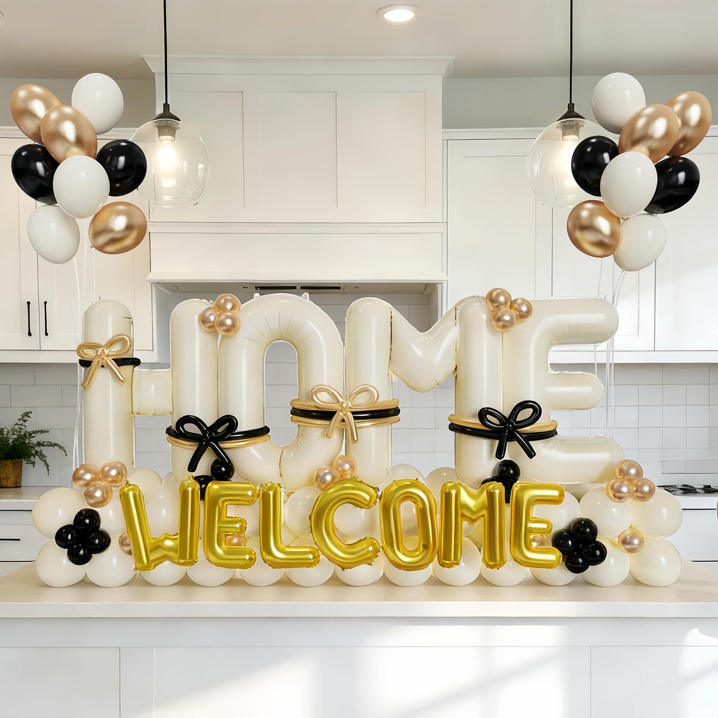 145Pcs Housewarming Party Decorations, 40Inch Beige Welcome Home Balloon Banner, Cream Ivory Black Gold Balloons for New Home Closing Sweet House Warming Homecoming Party Real Estate