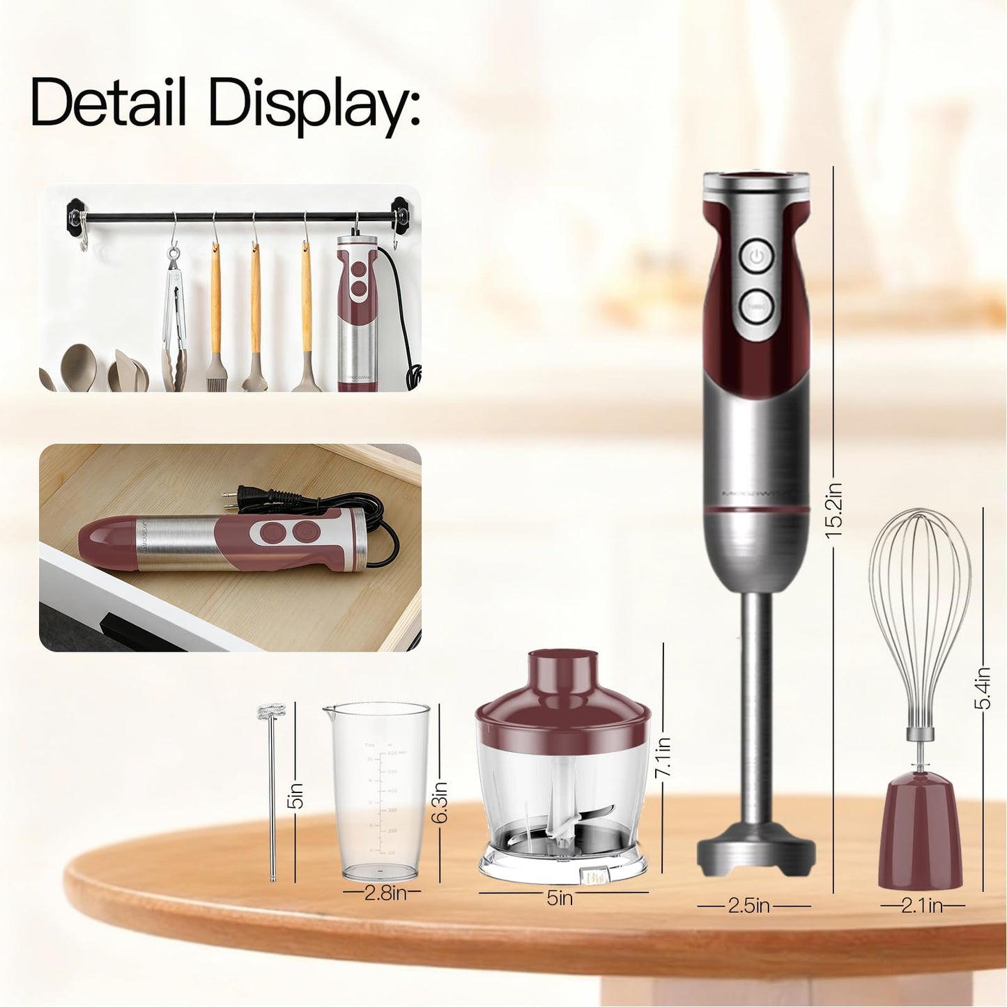 MegaWise Pro Titanium Reinforced 5-in-1 Immersion Hand Blender, Powerful Motor with 80% Sharper Blades, 12-Speed Corded Blender, Including 500ml Chopper, 600ml Beaker, Whisk and Milk Frother (Red)
