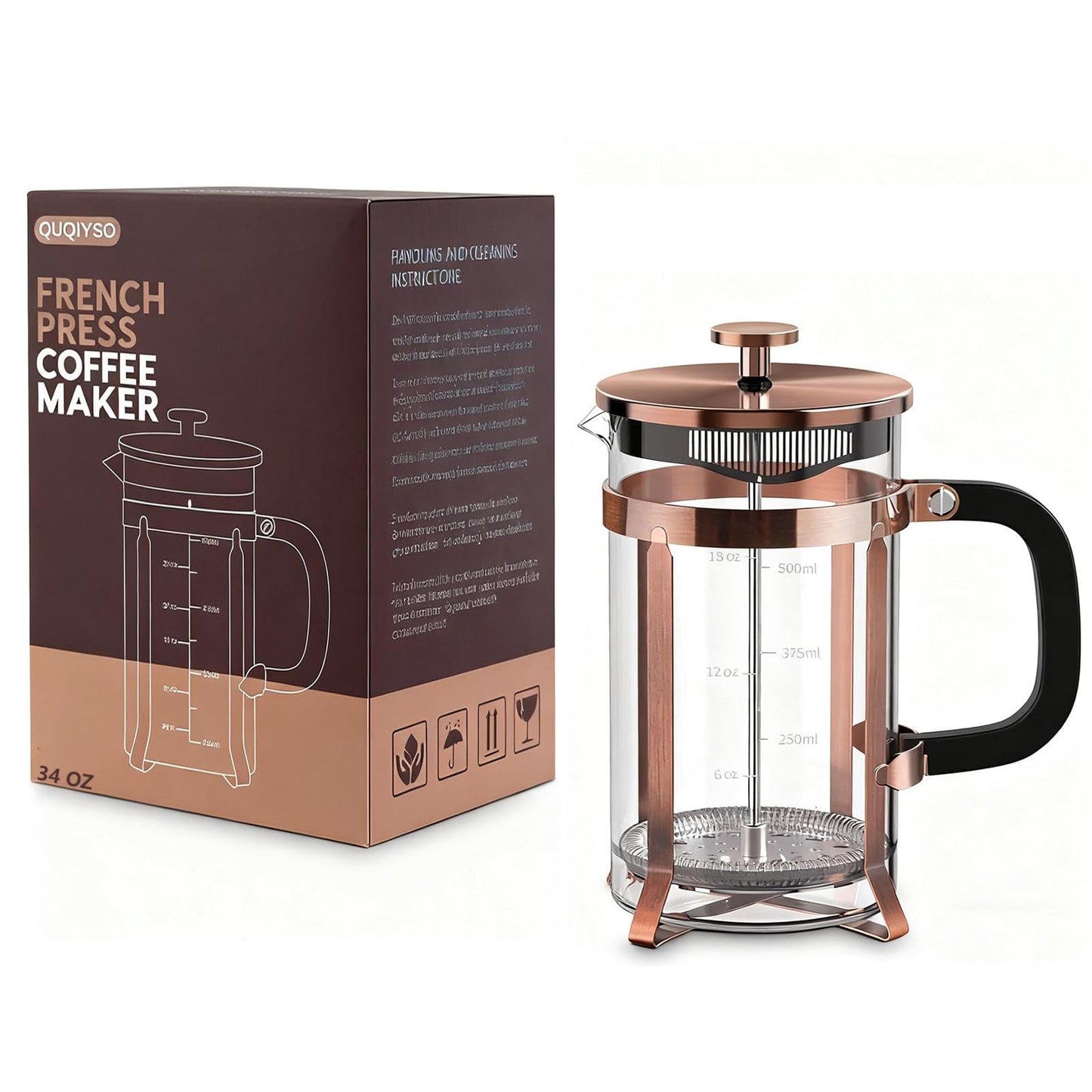 QUQIYSO French Press Coffee Maker 34oz 304 Stainless Steel with 4 Filter, Heat Resistant Durable, Easy to Clean, Borosilicate Glass Press, 100% BPA Free Teapot (Copper)