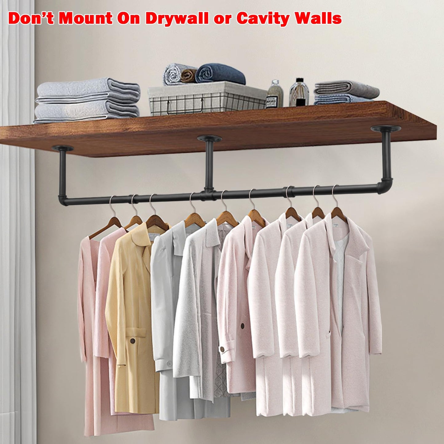 Livabber Industrial Pipe Clothes Rack, Heavy Duty Detachable Iron Garment Rack Wall Mounted, Rustic Saving Space Clothes Bar Multi-Purpose Hanging Rod for Bedroom, Closet, Black (60 Inch)
