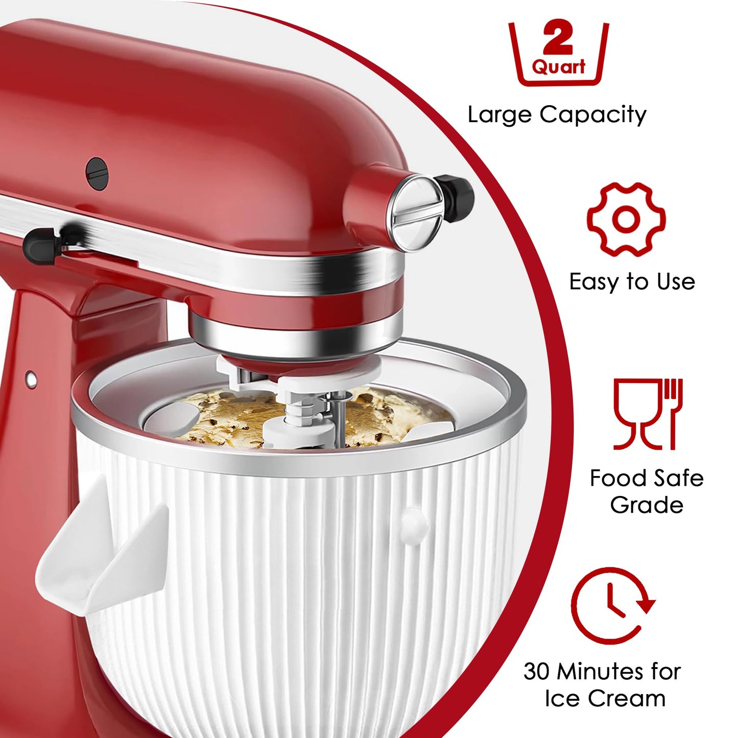Ice Cream Maker Attachment for KitchenAid Mixers, Fits KitchenAid 4.5/5QT & 6QT Stand Mixers, Frozen Ice Cream & Sorbet Gelato Maker for KitchenAid, 2 Quart, White(Machine/Mixer Not Included)