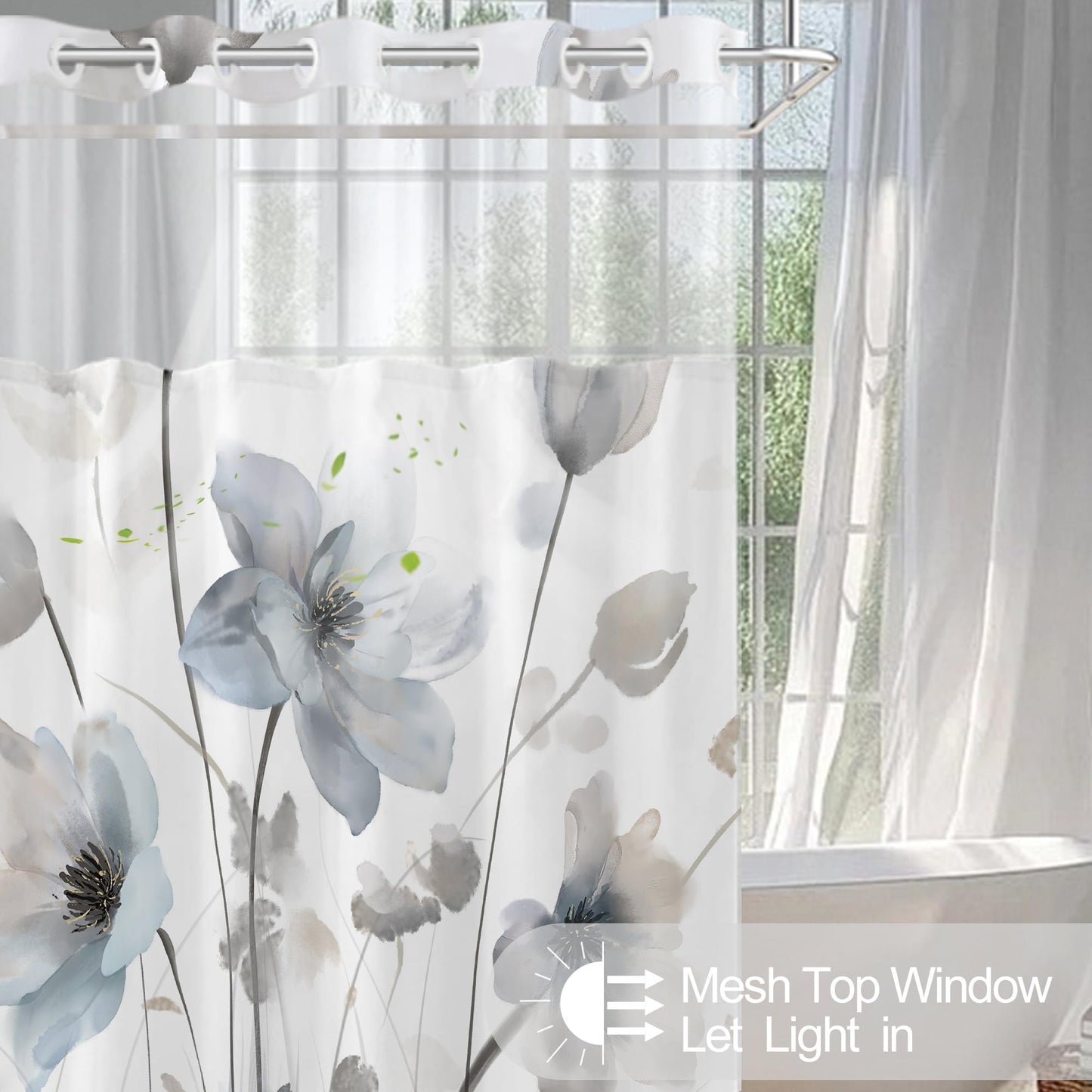 CTOTSYC No Hook Shower Curtain and Liner Set, Blue and Grey Boho Floral Shower Curtains for Bathroom, Watercolor Flower Waterproof Bathroom Curtain Sets with Snap in Liner, 71x74 Inch