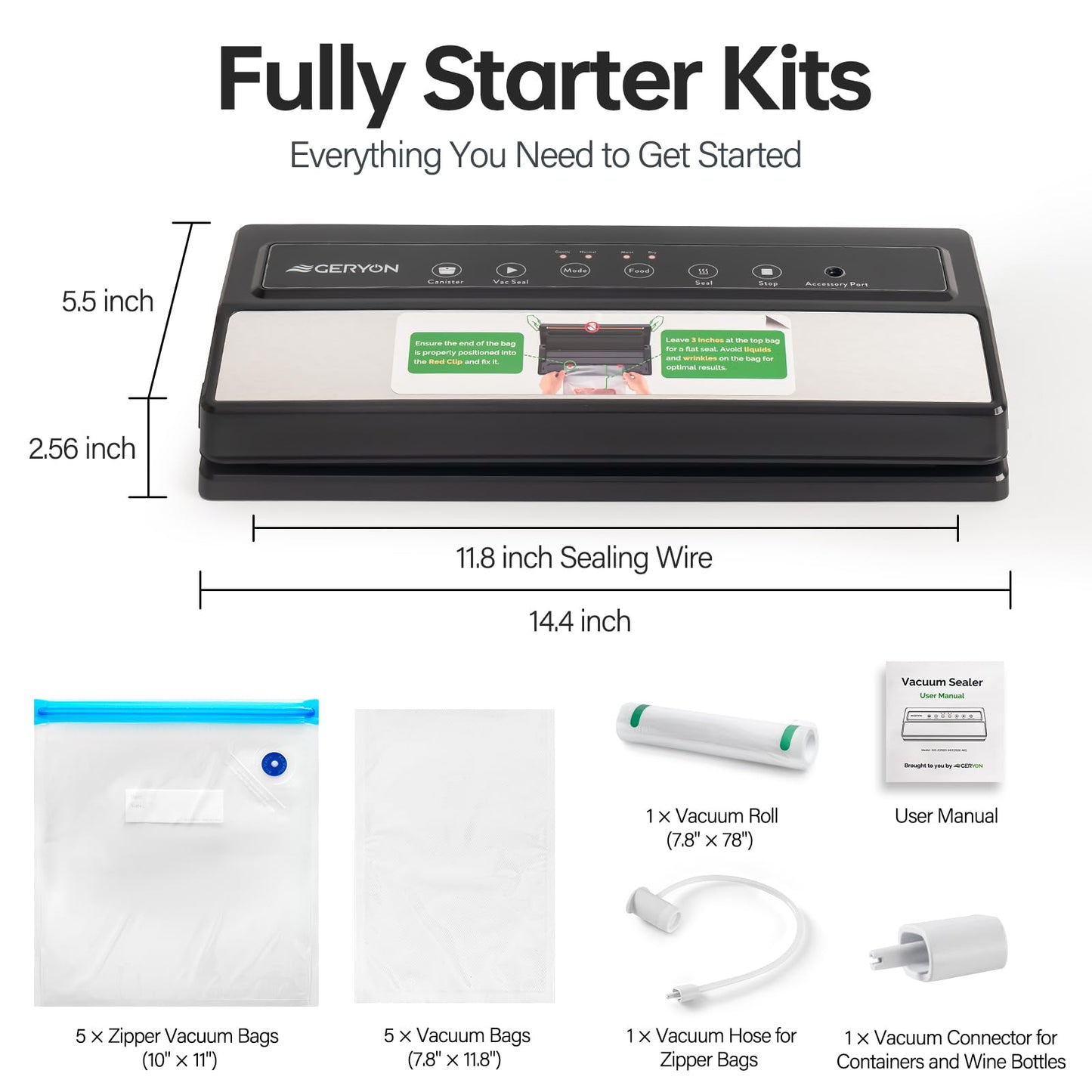 GERYON Vacuum Sealer Machine for Dry & Moist Food, Works with Reusable Vacuum Bags, Compact Design with LED Touch Controls, Includes Reusable Bags & Roll for Sous Vide & Freezer Storage
