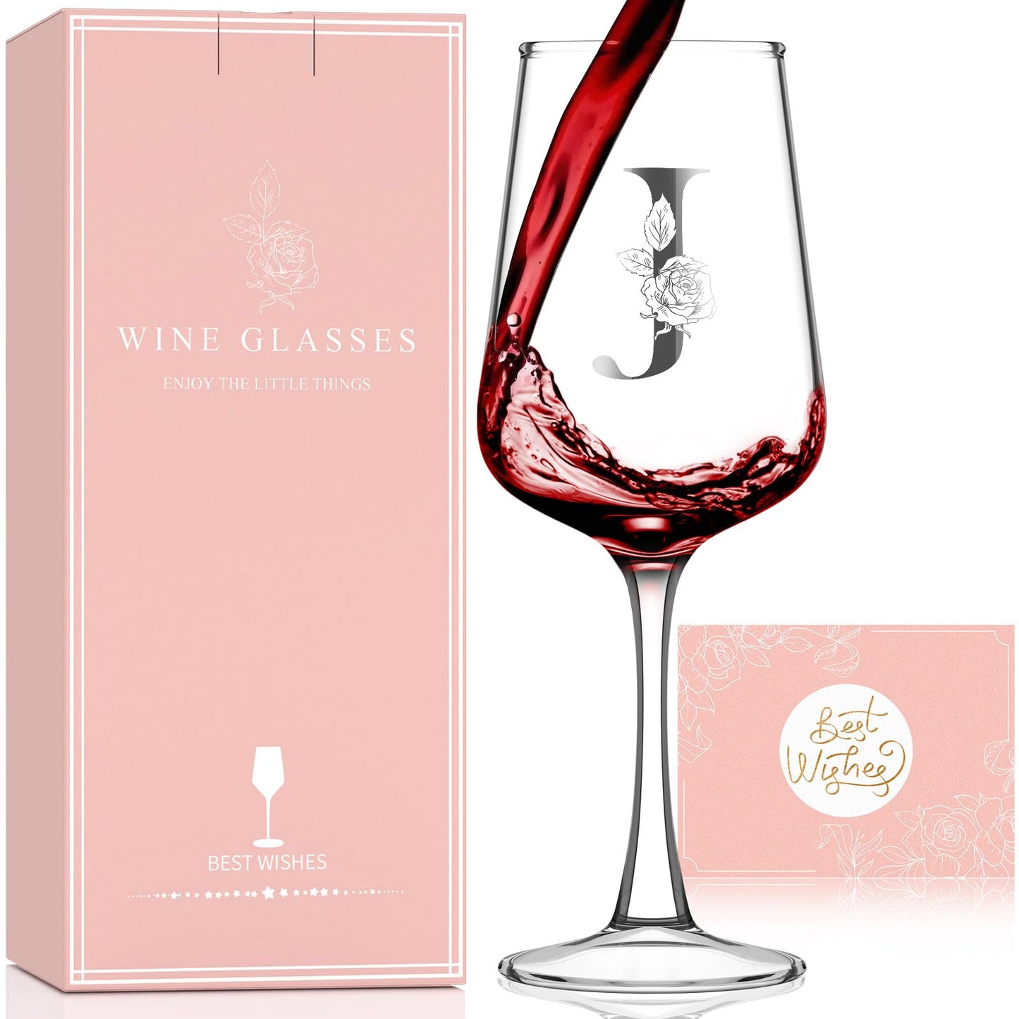 Mothers Day Gifts for Mom Grandma Wife Daughter Her, Personalized Initial Wine Glasses Custom Gift, Birthday Gifts for Women Mom Wife Best Friend Sister (J)