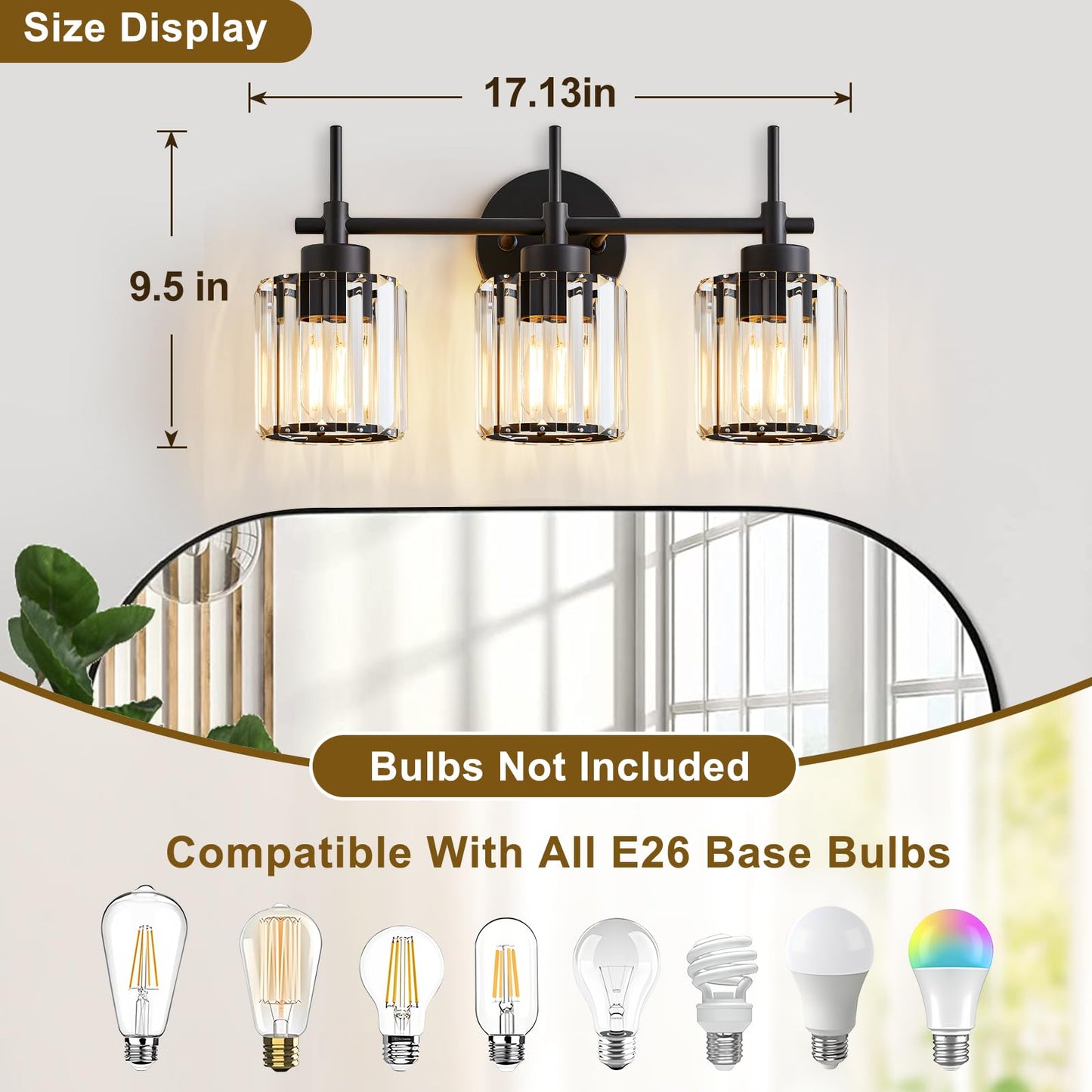 EJIAXIN 3 Light Black Crystal Vanity Light, Modern Bathroom Vanity Light Over Mirror, Up and Down Mount Wall Sconce Lighting for Bathroom Bedroom Living Room Hallway