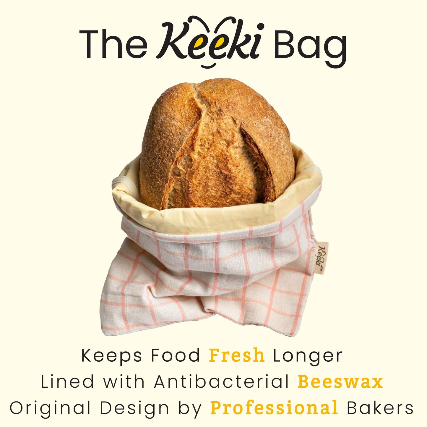 Keeki Bag - The Original Beeswax Lined Bread Bag for Homemade & Sourdough | Reusable Linen Bread Storage | Beeswax Wrap Alternative | Plastic-Free Storage w/Wide Drawstring Closure (Yellow)