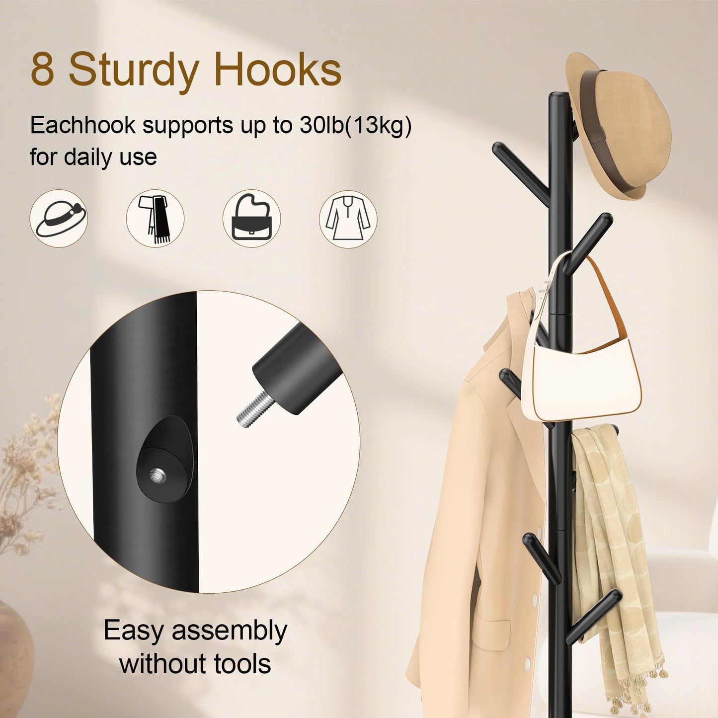 YheenLf Coat Rack Freestanding with Stable Square Base for Cloathes, Hat, Used in Bedroom, Office and Entryway, Sturdy and Easy Assembly Coat Tree with 3 Adjustable Sizes and 8 Hooks, Black