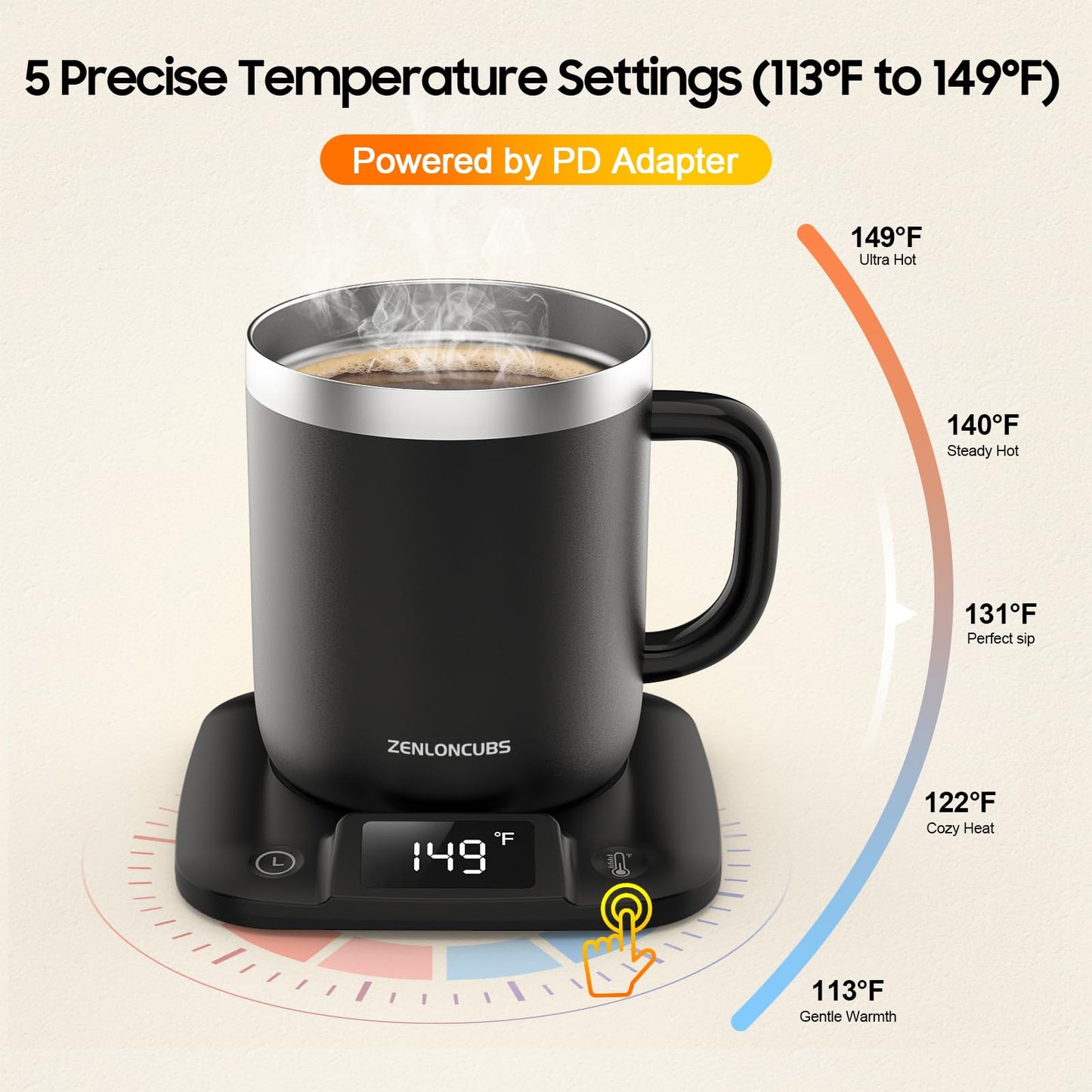 ZENLONCUBS Smart Electric Heated Coffee Mug with Temperature Control, 5 Settings & Display, Auto Shut-Off, Fast Heating Warmer Set with Stainsteel Coffee Mug (14oz-Black)
