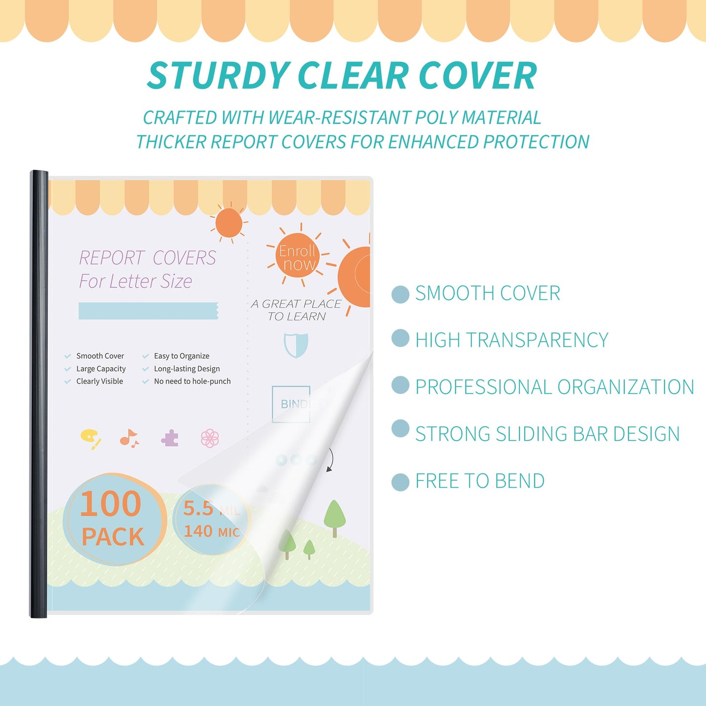 Binditek 100 Pack Clear Report Covers with Black Sliding Bars, 70 Sheet Capacity, 9mm Binding Bars, Letter Size, 5.5 Mil Thick, Black, for Students and Coworkers