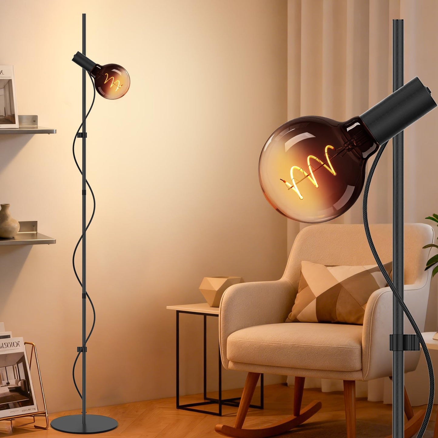 MOSLIAN Floor Lamp for Living Room,Adjustable Height&Dimmable&Rotatable lamp Head Standing Floor Lamp,2200K Warm Ambiant Lighting with Gradient Brown Bulb for Living Room,Bedroom (Bulb Included)