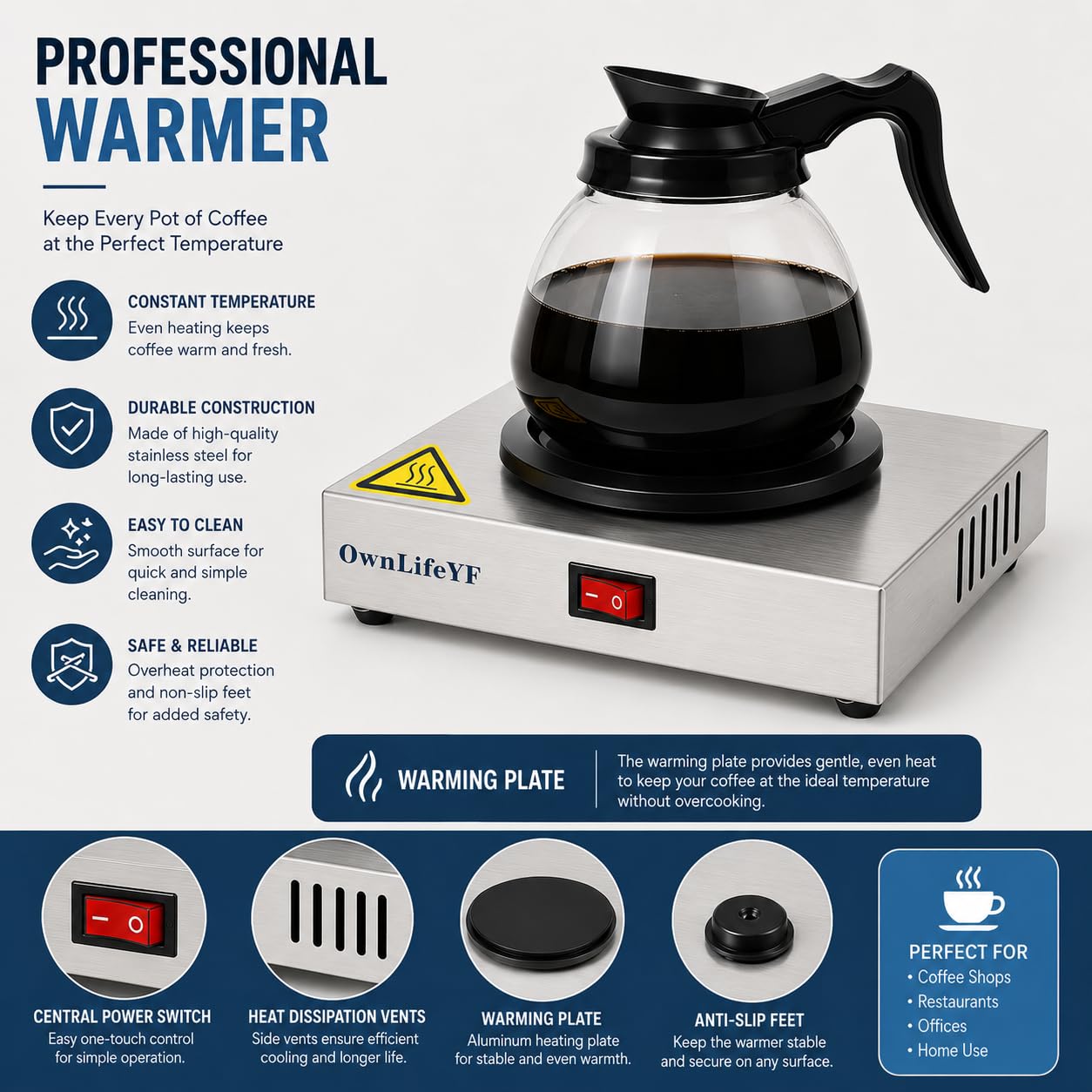 Commercial Coffee Warmer, 60W 176℉ Single Burner Decanter Warmer Plate, Stainless Steel, for Cafe, Break Room, Buffet, for Melting Beeswax, Softening Shea butte, Beverages, Milk & Tea, Ideal Gifts